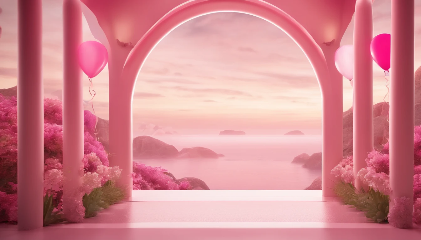 There is a pink and white arch,With balloons, pink zen style, pink landscape, dreamy scenes, looking out at a pink ocean, 3 d render stylized, stylized 3d render, surreal 3 d render, bubbly scenery, surreal dream landscape, 3 d stylize scene, stylized as a 3d render, dreamy atmosphere and drama,