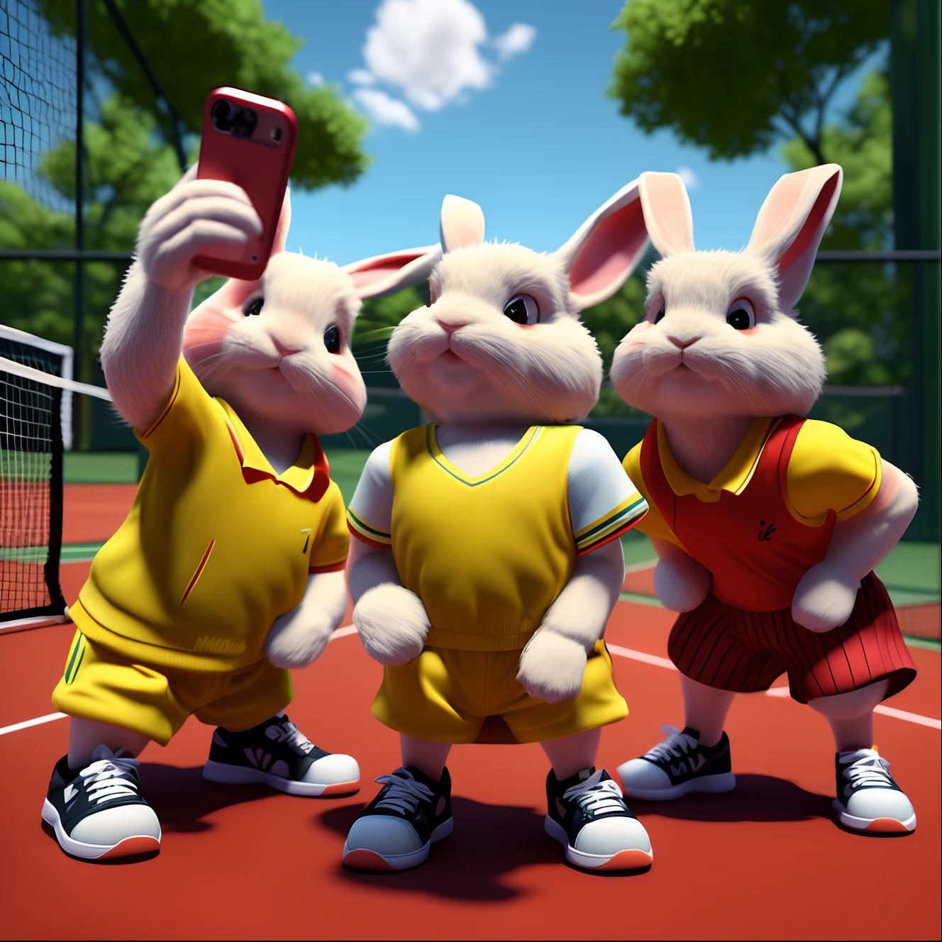 (There are 3 rabbits standing on the tennis court looking at their phones）, Moe rabbit，Red and yellow sports shirt and shorts, Red sneakers，posed for photo, all looking at camera,adorable rabbit,  sports team mascot, [ Realistic photo ]!!, self-shot!!!!!, accidentally taking a selfie, Pose for Camera, looking at the camera in!!!.3D style，kawaii，Cartoony，Animate，