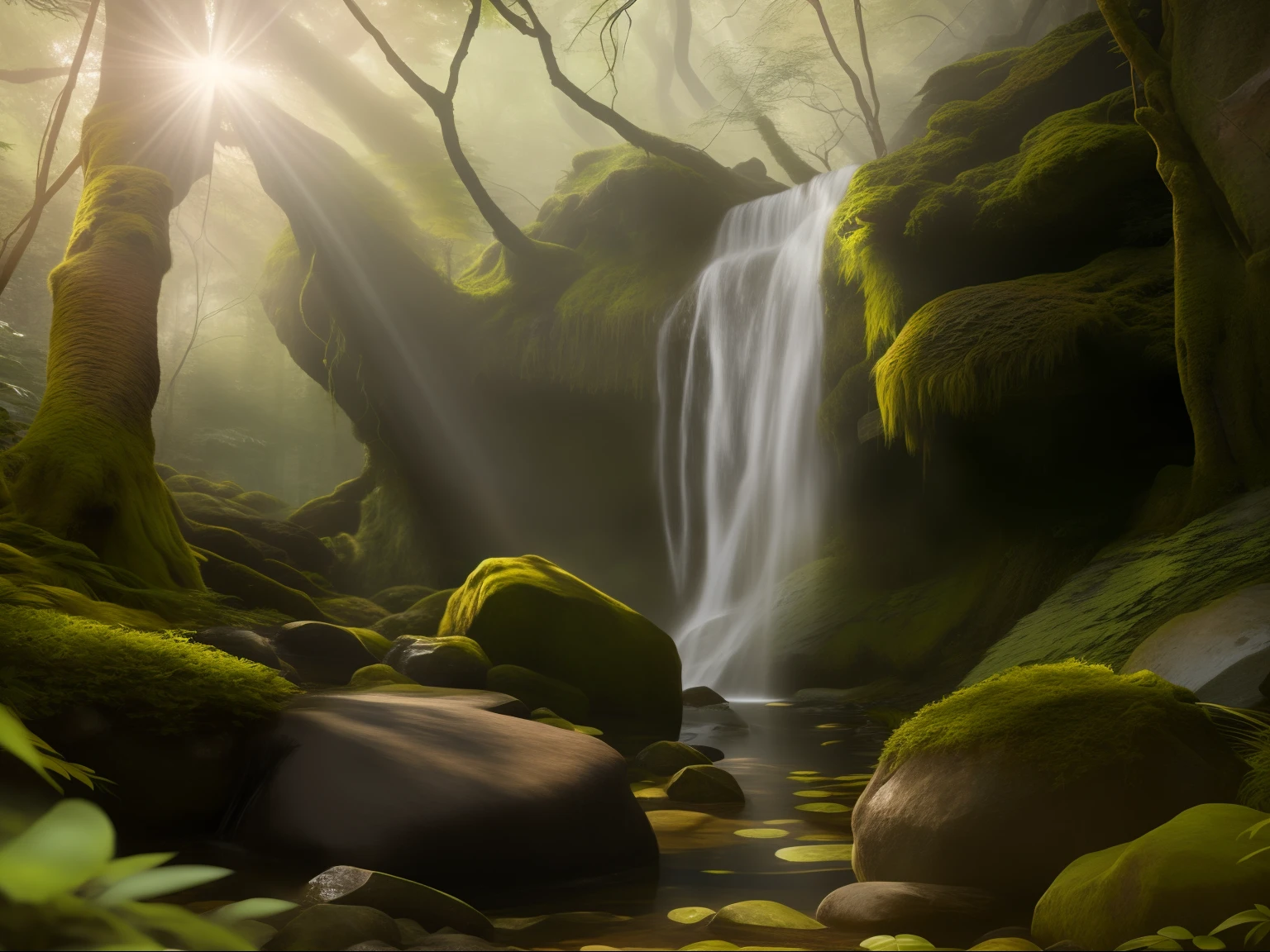 a close up of a waterfall in a forest with moss and rocks, forest and waterfall, peaceful beautiful waterfall, detailed scenery —width 672, magical environment, mystical forest lagoon, magical forest backround, beautiful ancient forest, beautiful forest scenery, fantasy forest, nature wallpaper, 8k stunning artwork, beautiful art uhd 4 k, stunning waterfall, magical fantasy forest (hiden tiger)