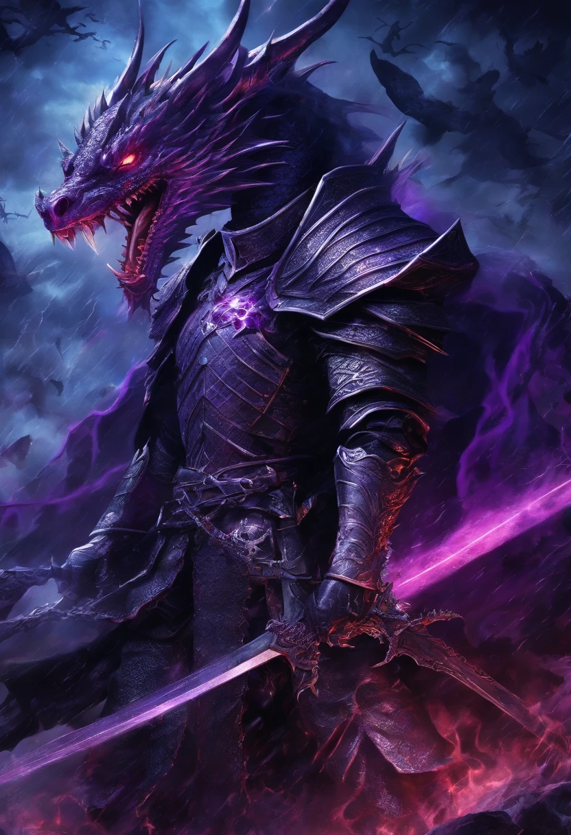 The purple dragon emits blue energy particles, dudes, long sword, Black Knight, Bloody, War, battlefield, Smoking background, rain, The cloudy, Storm, Horror