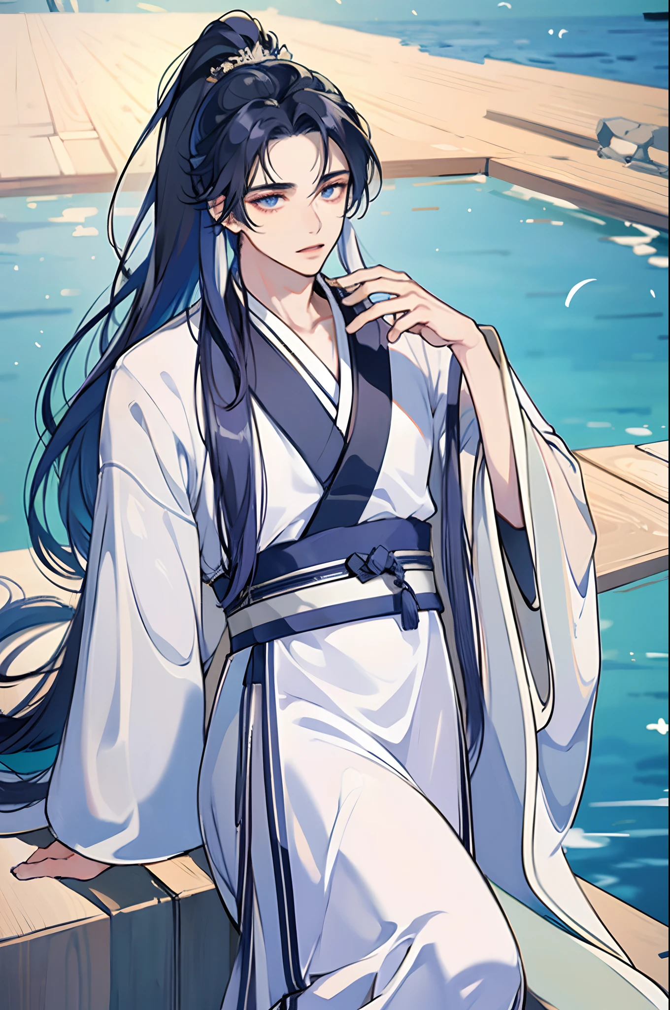 Summer palace，18-year-old young male，long whitr hair，High ponytail，malefocus，（solo person,The upper part of the body，：1.2），Chinese courtyard，Black ancient Hanfu robe，An elegant and luxurious beautiful man，prince，The tree，bru，Lake，railing，Adonis，Best quality at best，concept-art，Hand-drawn 2D style，Dramatic expressions，