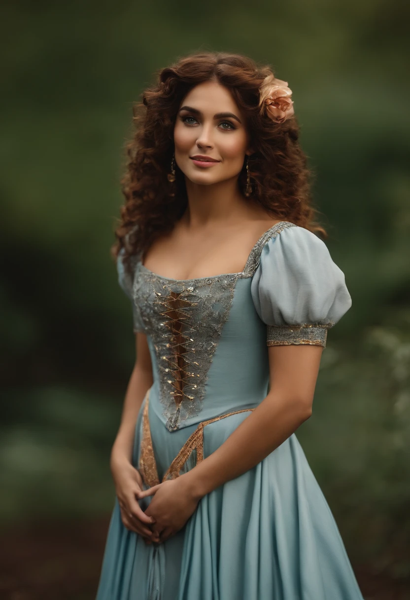 crie um banner no estilo Pixar. A woman with gypsy features, moreno pardo com cabelos longos, Castanhos escuros, Curly and slightly grayish appearance, mas jovem, usando um vestido, Vestindo vestido colorido e segurando um baralho e pandeiro.
