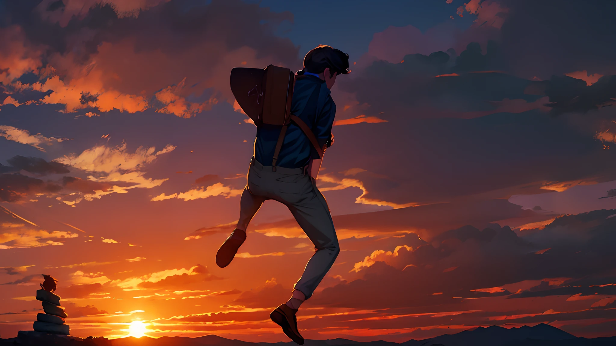 the sunset,eventide,Suspenders,Stand on top of the mountain with your feet,Boy student,Turning around