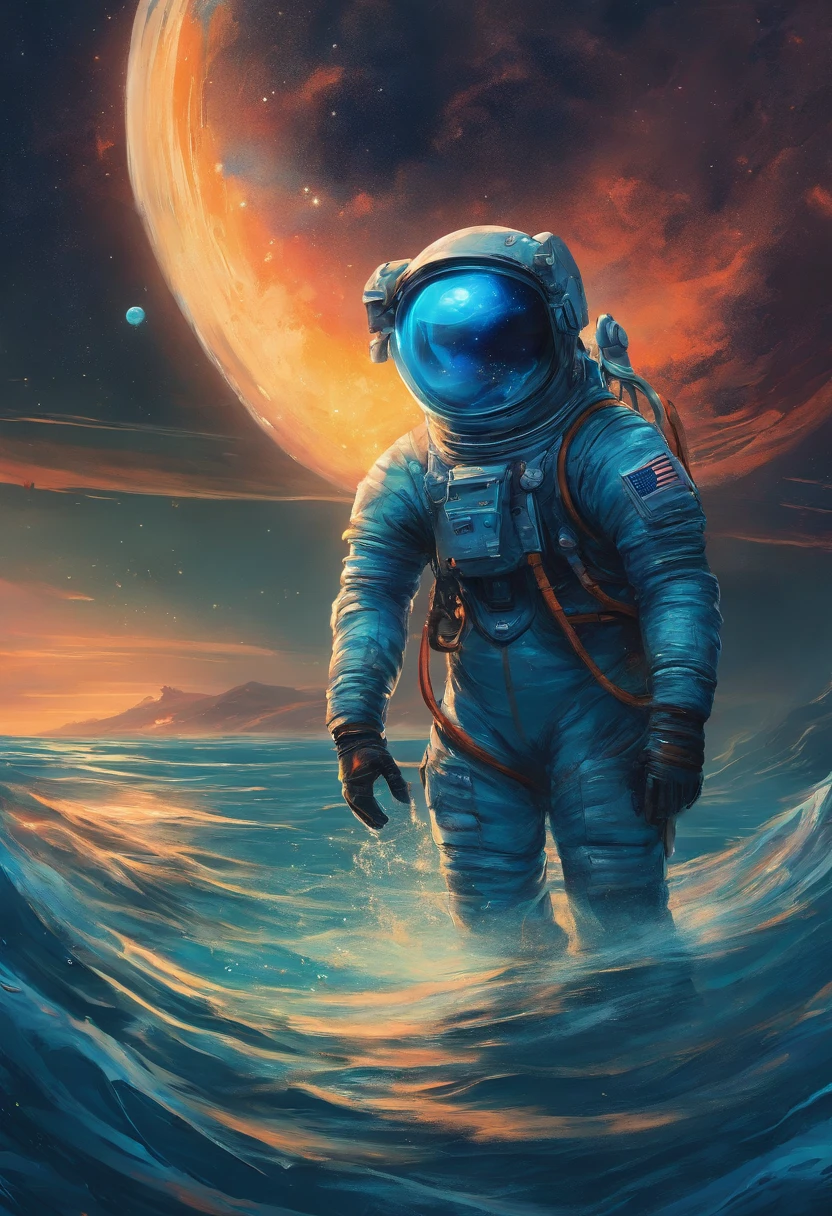 An astronaut swimming in the ocean, with their spacesuit glowing in the darkness in a digital illustration style, reminiscent of the works of Alex Andreev. The scene depicts the astronaut, weightlessly navigating through the deep blue ocean, their suit emanating an ethereal, iridescent glow in the dark waters, surrounded by bioluminescent marine life. The color temperature is cool, with hues of deep blues and hints of luminescent greens. The astronaut's visor reflects a mix of awe and serenity, contrasted against the eerie, dark underwater environment, illuminated only by the suit's radiance. The lighting is subtle, emphasizing the suit's luminosity while maintaining the mysterious, otherworldly atmosphere. --v 5 --stylize 1000