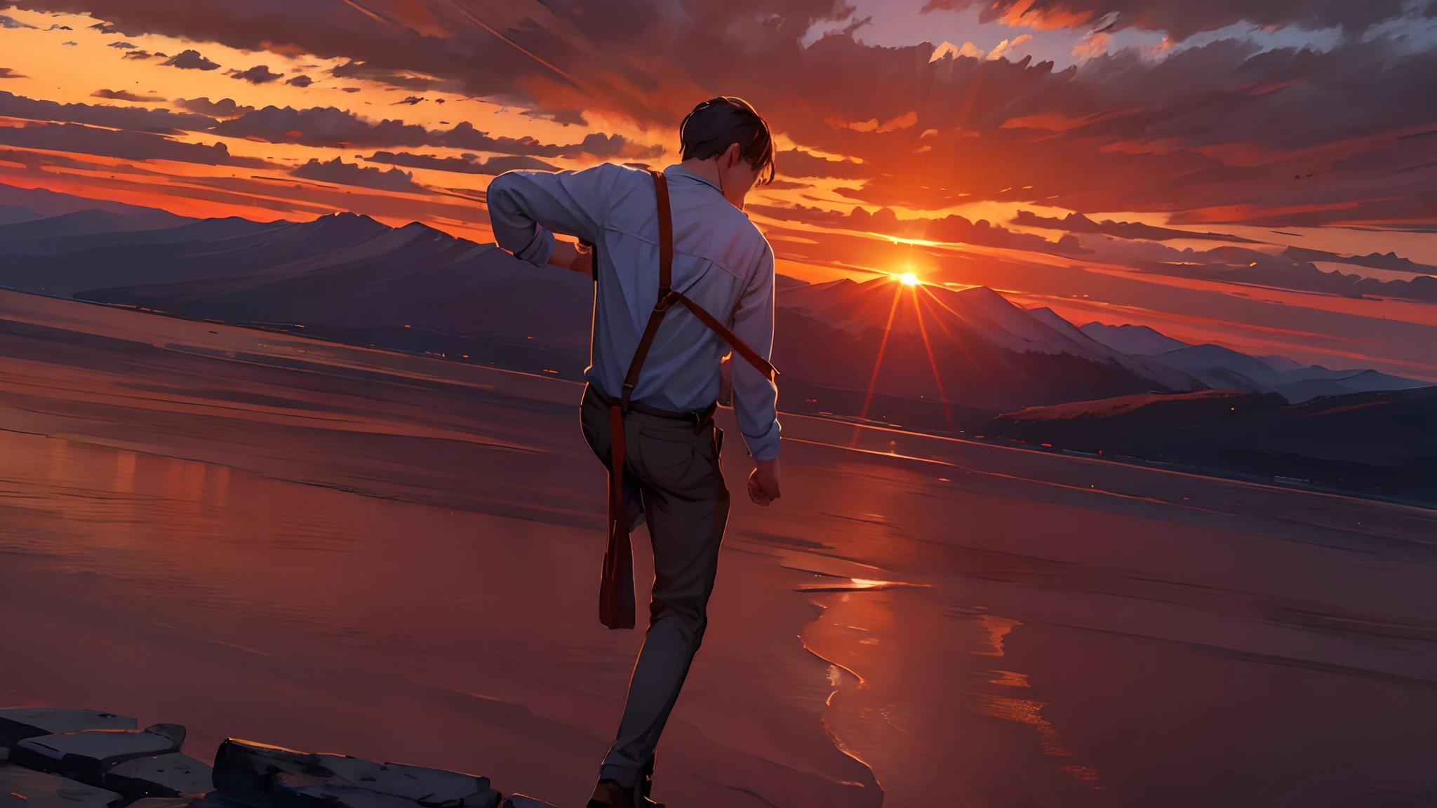 the sunset，eventide，Suspenders，Stand on top of the mountain with your feet，Boy student，Turning around