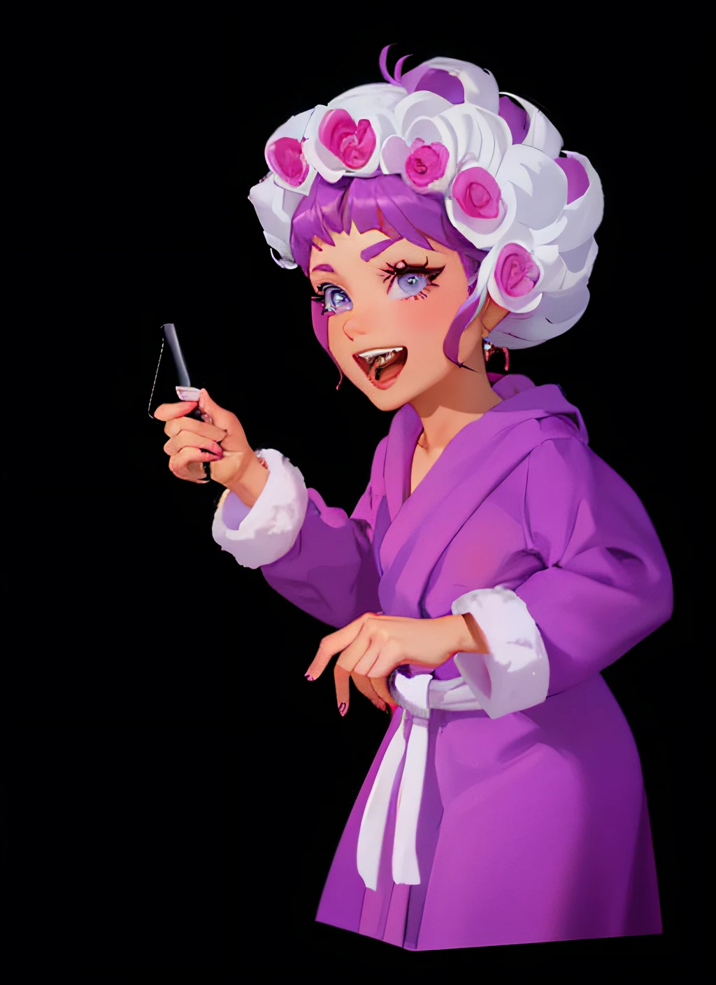 The red-haired woman wears a curling iron on her head, saggy purple robes, portrait of megara, as a pixar character, cartoon digital painting, Inspired by Daphne McClure, depicted as a pixar character, garbed in a purple gown