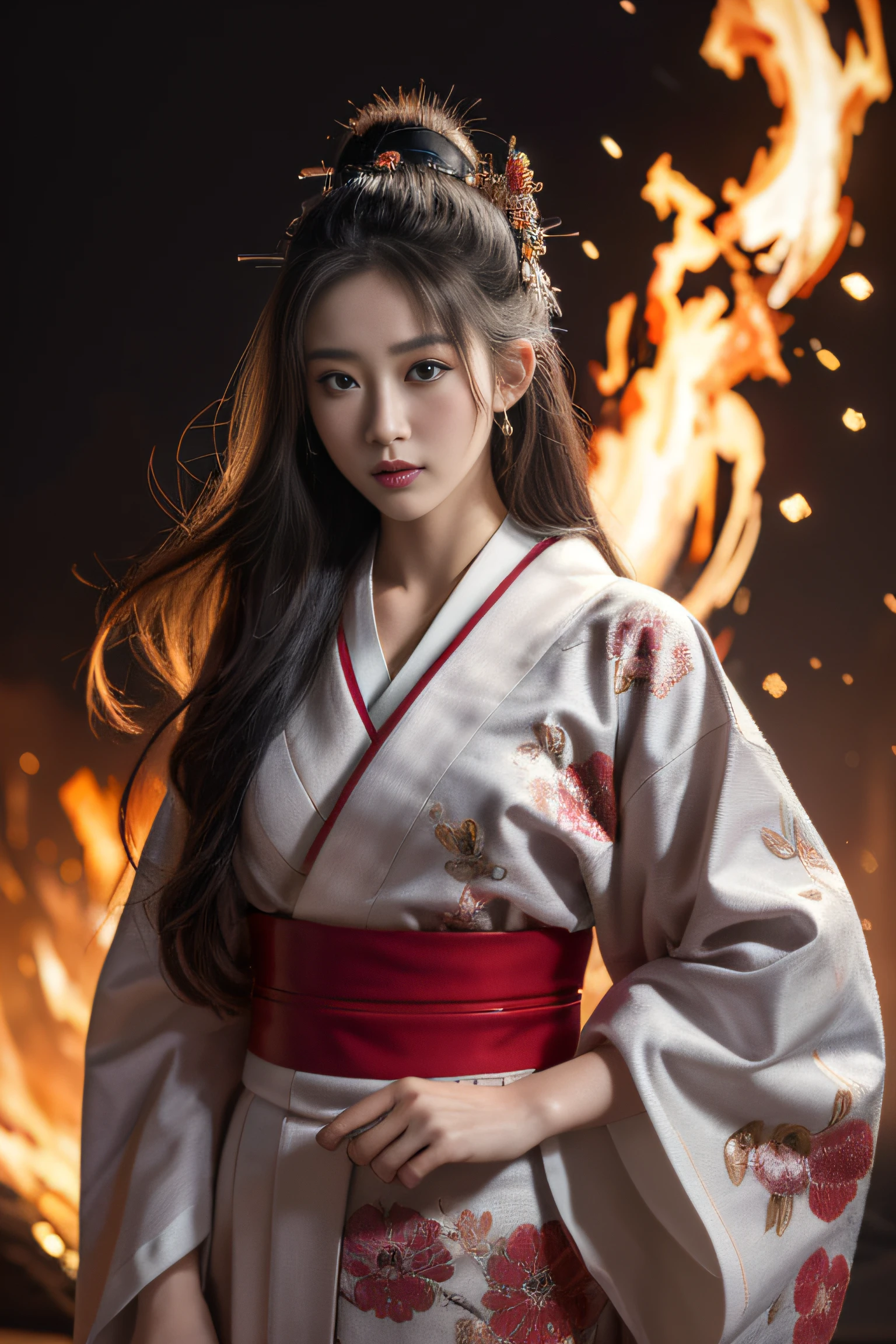 A Girl, full body shot of beautiful young Japanese female, long straight hair, wearing an elegant traditional kimono flower embroidery, (intricate detailed on kimono), epic background, Miraculous, Perfect face, small face, small head, (beautiful detailed eyes), symmetrical eyes, (detailed face), slender, dramatic lighting, (8k, photo, masterpiece), (highest quality), (best shadow), (best illustration), ultra high resolution, 8K wallpapers, physically based rendering, photo, realistic, realism, high contrast, hyperrealism, photography, f1.6 lens, intense colors, hyper-realistic realistic texture, (detailed face, weapons, fire, glitter), (nsfw:1.28), (samurai movie theme:1.2)