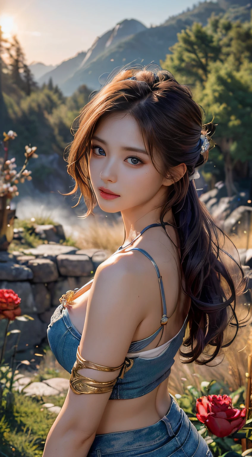 hair bobbles, wince, longeyelashes, solid circle eyes, light smile, ear blush, fang, Surrealism, drop shadow, anaglyph, stereogram, tachi-e, pov, atmospheric perspective, 8k, super detail, ccurate, best quality, (masterpiece:1.4), (8k, photorealistic, RAW photo, best quality: 1.4), japanese, 1girl, beautiful face, (realistic face:1.4), (caramel hair, long hair:1.3), beautiful hairstyle, beautiful detailed eyes, (best ratio eyes:1.5), attractive, ultra high res, ultra realistic, highly detailed, best ratio, (detailed face:1.4), looking at viewer, red lipsticks, purple eyes, (the best ratio of the number of fingers:1.5), ((high proportional realistic breasts, realistic medium breasts):1.4), slender body, (full body visible:1.5), portrait, photography, detailed skin, realistic, photo-realistic, highly detailed, full length frame, High detail RAW color art, lingerie, (best ratio of body anatomy:1.2),