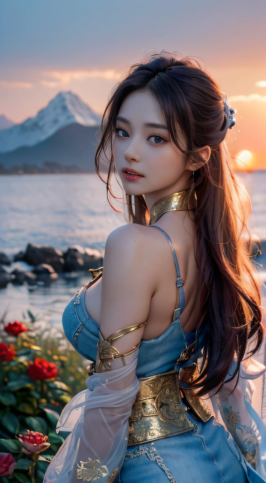 (RAW photos, best quality), (realistic, Photo Realism: 1.3), Extremely Refined and Beautiful, Amazing, Fine Detail, Masterpiece, Ultra Detail, High Resolution, (Best Illustration), (Best Shadow), Intricate, (in a crimson gold Chinese dragon, surrounded by gold dust, black flowers, trees, petals, wind, God, long wavy body, fangs, fantasy, mythology, high quality, highly detailed, masterpiece, epic, particle effects, dynamic effects, (Dragon: 1.4 in front of), clouds, storms, mountains, sunsets, clear focus, volumetric fog, 8k Ultra HD, DSLR, High quality, (Film grain: 1.4), Fujifilm XT3,Official Art, Unity 8K wallpaper, Ultra detailed, Beautiful and beautiful, Best quality, (Zen entanglement, tangled, entangled), (fractal art: 1.4), 1 girl, brunette hair, Chinese, bare shoulders, short skirt, calf, navel, very detailed, dynamic angle, denim lens, (most beautiful chaotic shape), flow, (bright colors), OC, (half: 1.2), china, (tape: 1.3), (Dream: 1.5), (Hanfu: 1.5), Chinese Dragon, (Smile: 0.5), (Chinese God), Realistic, Ultra High Resolution, Complex, Ultra Detailed, (Skin Dents), Female, Detailed Body, (Detailed Face: 1.1), (Contoured Iris), (Watercolor Lenses), (Perfect Eyes), 4K, Gorgeous, (Masterpiece: 1.2), (Best Quality: 1.2), Wide Buttocks, Thick Thighs, (Big Tits: 1.2) and (Big Tits: 1.2), Debauchery, Seductive pose.