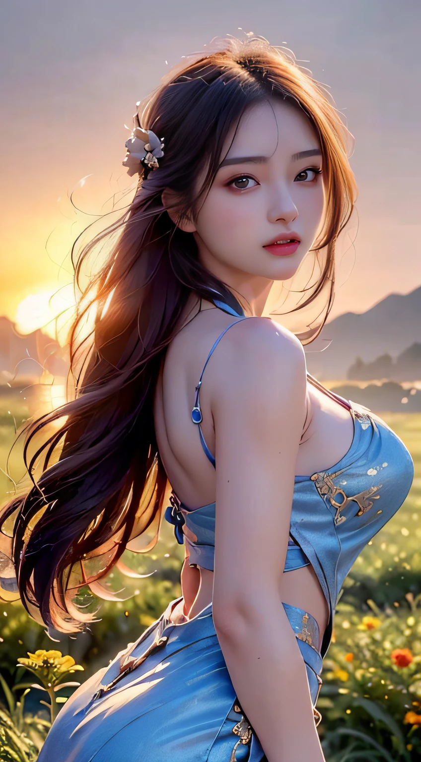 (illustratio), (hight resolution), (8k picture), (ighly detailed), (The best illustrations), (beatiful detailed eyes), (top-quality), (ultra-detailliert), (masterpiece), (wall-paper), (详细的脸), 独奏, 1girl in, Brown wavy hair、huge smile、Blushing cheeks、bangss、Constriction of the lower back、skinny thigh、small ass、Beautiful bangs、Look at your audience、a necklace、耳Nipple Ring、Watching from above、blue open sky、clouds、grass field、Lying in the steppe