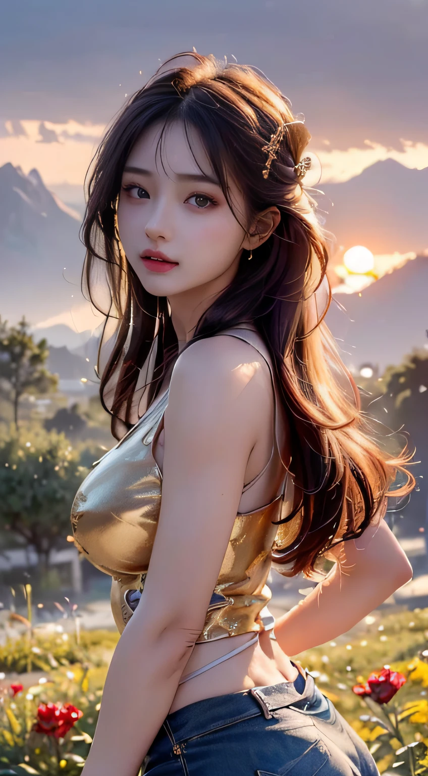 (RAW photos, best quality), (realistic, Photo Realism: 1.3), Extremely Refined and Beautiful, Amazing, Fine Detail, Masterpiece, Ultra Detail, High Resolution, (Best Illustration), (Best Shadow), Intricate, (in a crimson gold Chinese dragon, surrounded by gold dust, black flowers, trees, petals, wind, God, long wavy body, fangs, fantasy, mythology, high quality, highly detailed, masterpiece, epic, particle effects, dynamic effects, (Dragon: 1.4 in front of), clouds, storms, mountains, sunsets, clear focus, volumetric fog, 8k Ultra HD, DSLR, High quality, (Film grain: 1.4), Fujifilm XT3,Official Art, Unity 8K wallpaper, Ultra detailed, Beautiful and beautiful, Best quality, (Zen entanglement, tangled, entangled), (fractal art: 1.4), 1 girl, brunette hair, Chinese, bare shoulders, short skirt, calf, navel, very detailed, dynamic angle, denim lens, (most beautiful chaotic shape), flow, (bright colors), OC, (half: 1.2), china, (tape: 1.3), (Dream: 1.5), (Hanfu: 1.5), Chinese Dragon, (Smile: 0.5), (Chinese God), Realistic, Ultra High Resolution, Complex, Ultra Detailed, (Skin Dents), Female, Detailed Body, (Detailed Face: 1.1), (Contoured Iris), (Watercolor Lenses), (Perfect Eyes), 4K, Gorgeous, (Masterpiece: 1.2), (Best Quality: 1.2), Wide Buttocks, Thick Thighs, (Big Tits: 1.2) and (Big Tits: 1.2), Debauchery, Seductive pose.