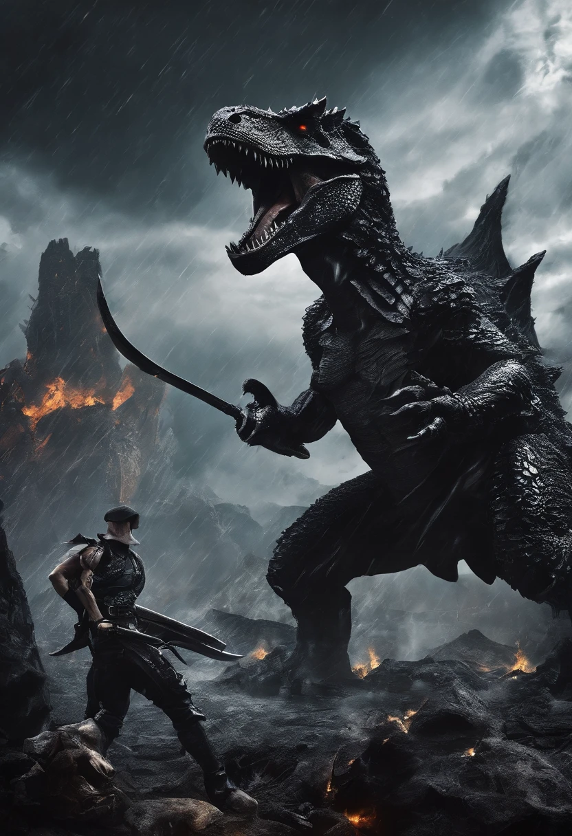 tyrannosarus rex, giant kaiju dragon monster,Kenna-style action figures,giant axe,battlefield, Smoking background, rain, The cloudy, Storm