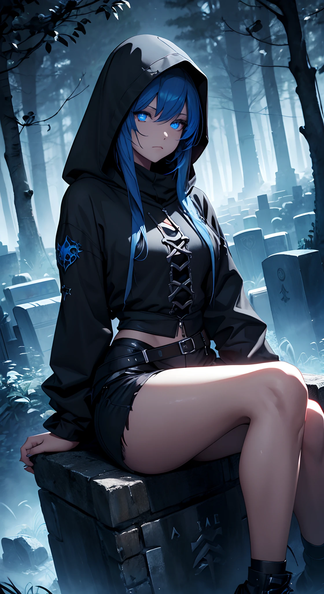 1 Solo, woman,hood,, mascular body,, glowing blue eyes, sitting with tree,,grim soul,,graveyard,,dark black shorts, dark black rose, scary , fantasy jungle,red moonlight, scared cinematic shot,((masterpiece, best quality, )),