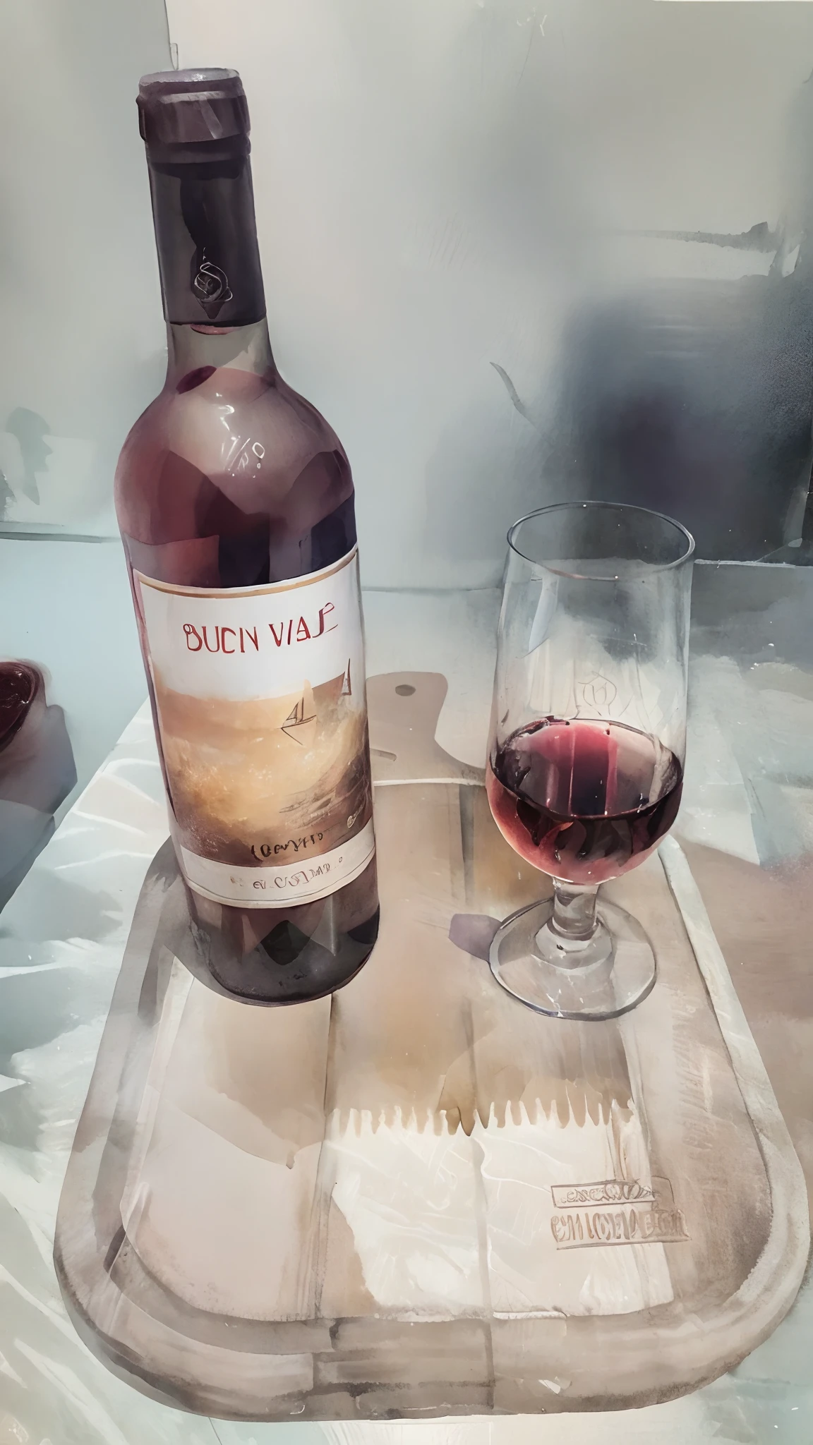 There's a bottle of wine and a glass on a cutting board, vinho tinto, Atlach - Nacha, bottle of wine, Rio do Vinho, Wine, 2 0 I, 20 anos, 2 5 I, com uma garrafa de vinho, enjoying a glass of wine, alcohol with blue sky of delirium, azul picton, not cropped, last photo