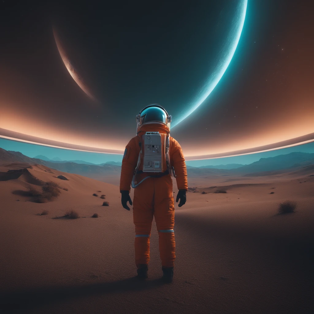 starrysky，space，An astronaut, 3Drenderingof，beeple style, style hybrid mix of beeple, beeple artwork, recusion beeple, 4 k hd illustrative wallpaper, city on the moon, in the style of beeple, Inspired by Beeple, beeple daily art，Vast space，A big planet，starrysky， Ground dunes，uni，metalictexture， afofuturism， cinmatic lighting，cinmatic lighting， super detailing，closeup cleavage，hyper HD