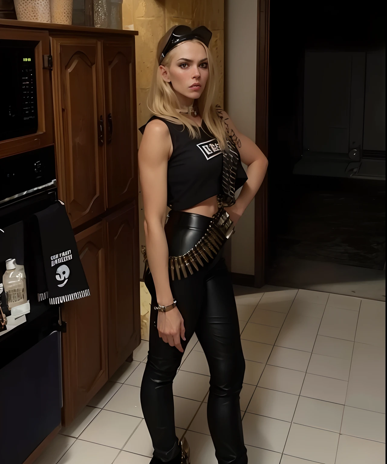blond woman in black leather pants and a black top standing in a kitchen, wearing an ammo belt, posing ready for a fight, badass look, wearing a punk outfit, ready for combat, she is ready to fight, ready to eat, full body shoot, with pistol, wearing techwear and armor, armed, outfit: cop, tight outfit, with rifle