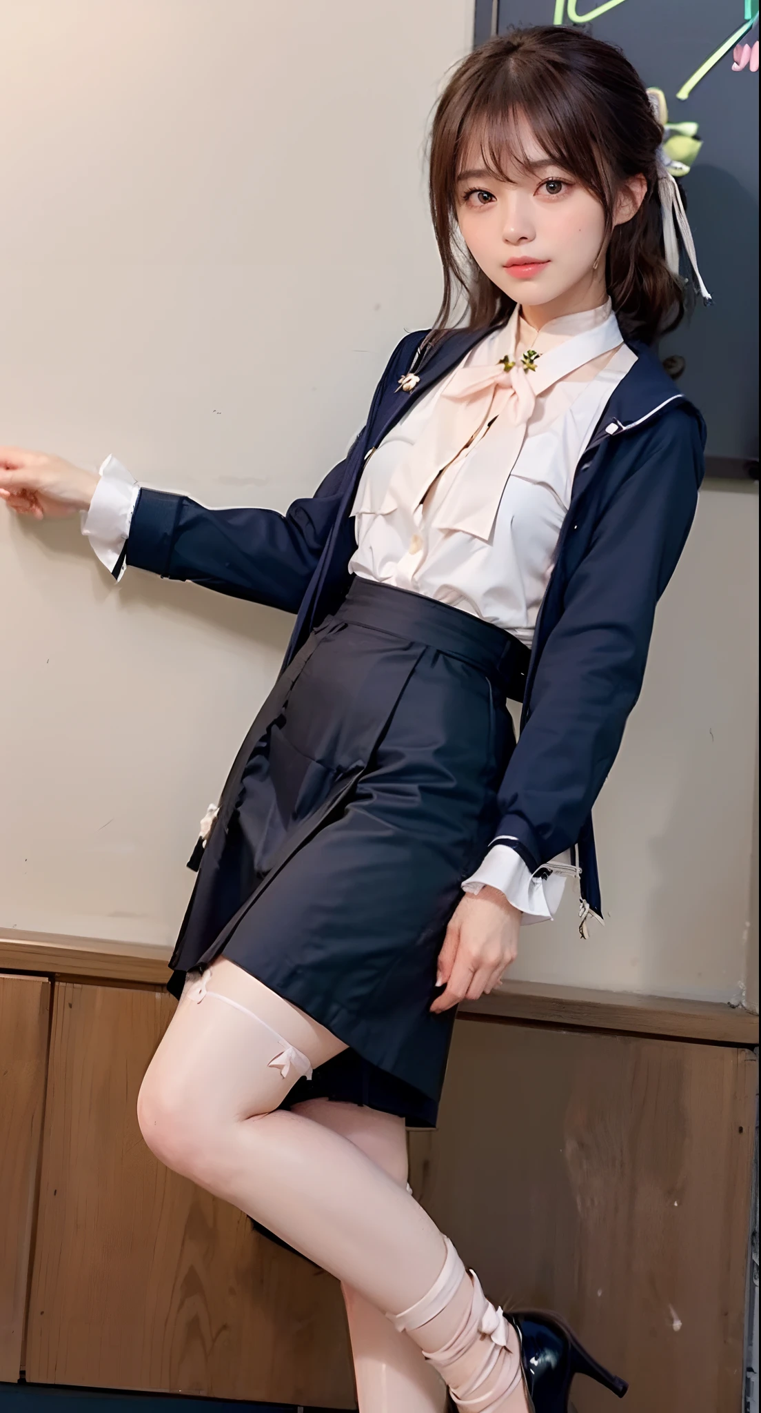 (((Kamimei、Jumping、Mouth ajar))),(((((pencil skirts、frombelow、Jumping、Black stockings、Navy blue recruit suit and skirt、White ruffled blouse with ribbon、high-heels、raise her legs))))),((In the office、In the company、In the reception room、frombelow))、masutepiece, 1girl in, best qualtiy, Ultra Detail, (shiny), (Small)、(((with blush cheeks,))),Ray tracing,Perfect Lighting, (milky skin:1.2),reflection, up looking_で_viewer, blush, bow ribbon, Medium Curl Hair、yellow_Eyes, White choker, Low_Twin-tailed、Japan's cutest 28-year-old beautiful girl、Small ribbons in the hair