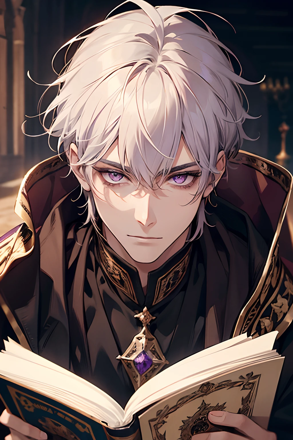 1male, calm, age 35 face, short messy with bangs, white hair, amethyst colored eyes, royalty, prince, black clothes, in a castle, close up, medieval times