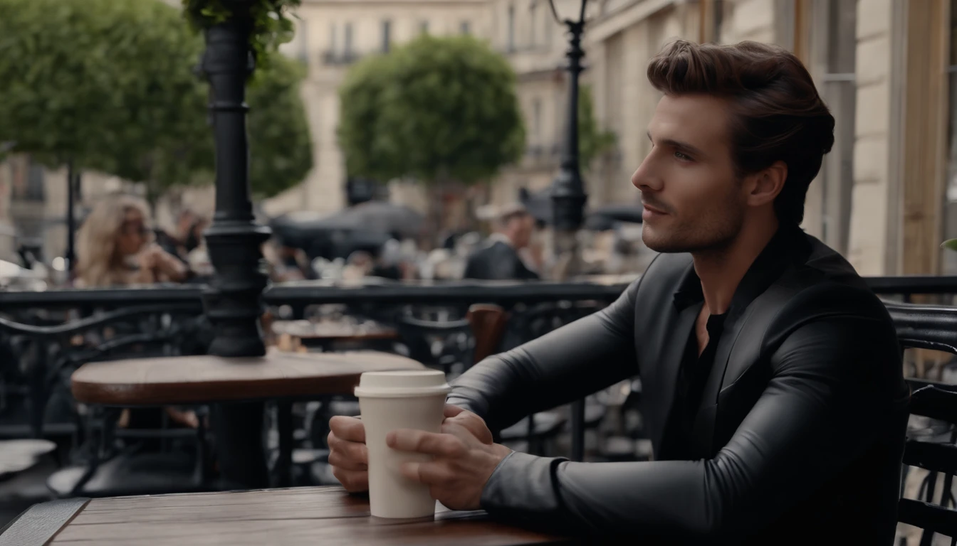 Models, male, peau mat, cheveux mi-longs, dark brown eyes, costume noir, Pantalon noir formel, chaussures noires formelles, Enjoy a cup of coffee, Outside the café,Paris,face cam midi, pov 1:5, very realistic, Realstic