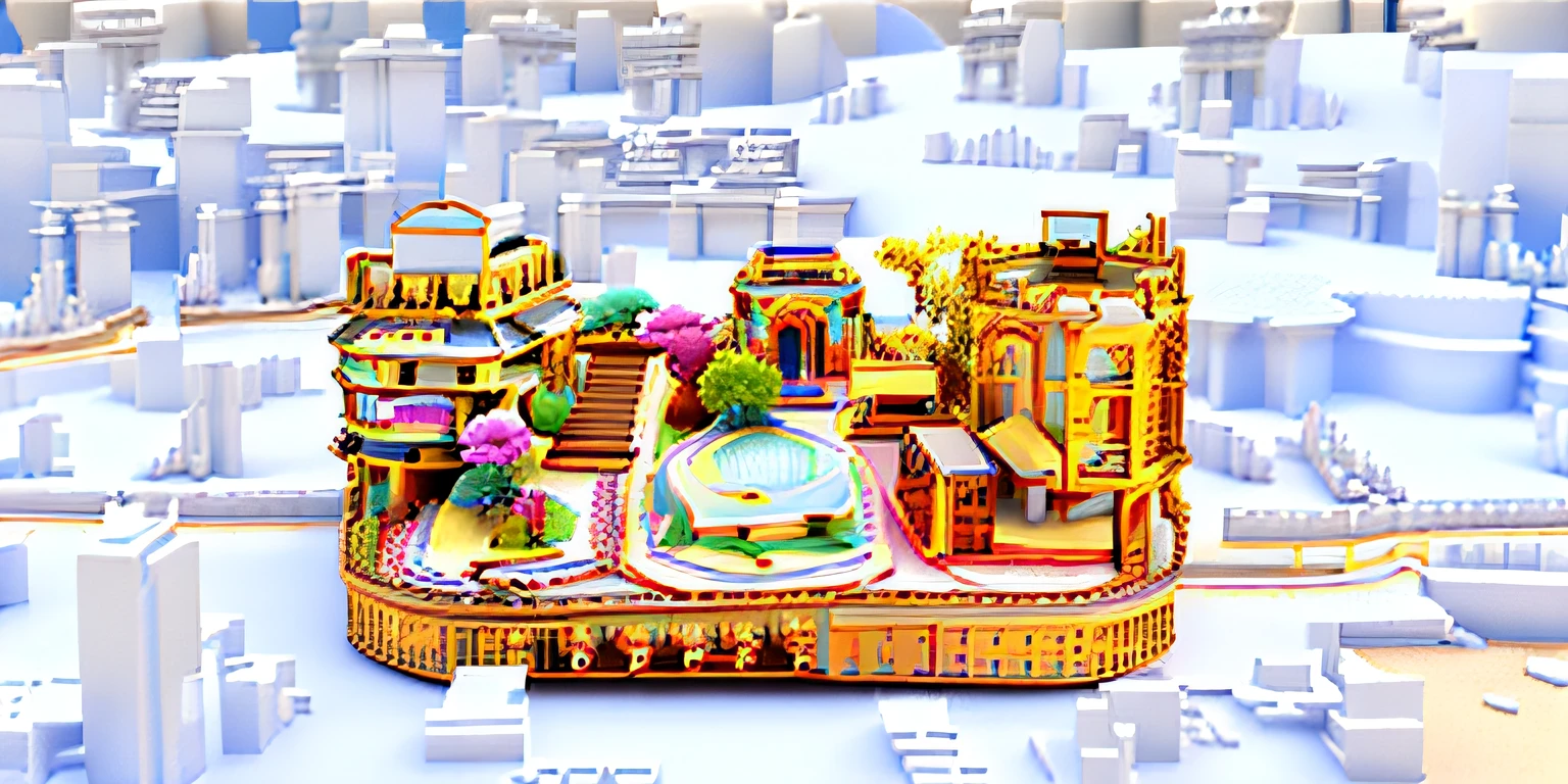an exquisite 3 d map, architectural model,c4d渲染，Letter H shape，3D rendering style，There are landmarks in the middle，household appliance，Small living room