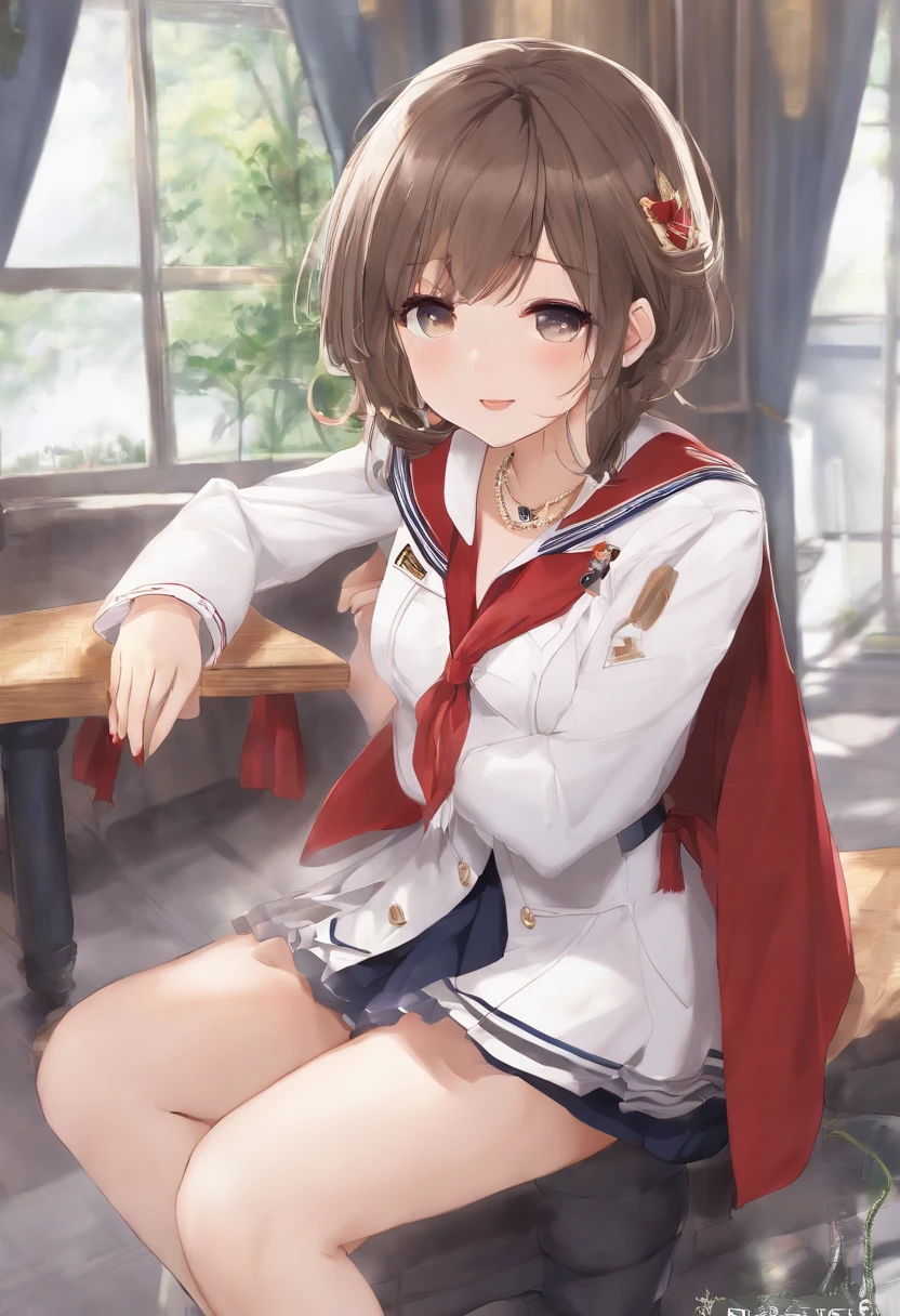 ryuujou、blush,smile、Brown Hair、Half Twin Tail、Wear a hat、Shipgirl、uniform、Fighting at sea、Primary school students、The back is very small、ta、Small breasts、Please show me your armpits、exterior: 14 yulder Bare、The clavicle is visible、Sexy thighs、Beautiful feet、Usual hairstyle、highest quality, High resolution, unity 8k wallpaper, (shape:0.8), (Beautiful and beautiful eyes:1.6), Highly detailed face, Perfect lighting, Extremely detailed CG, (Perfect hands, Perfect Anatomy),