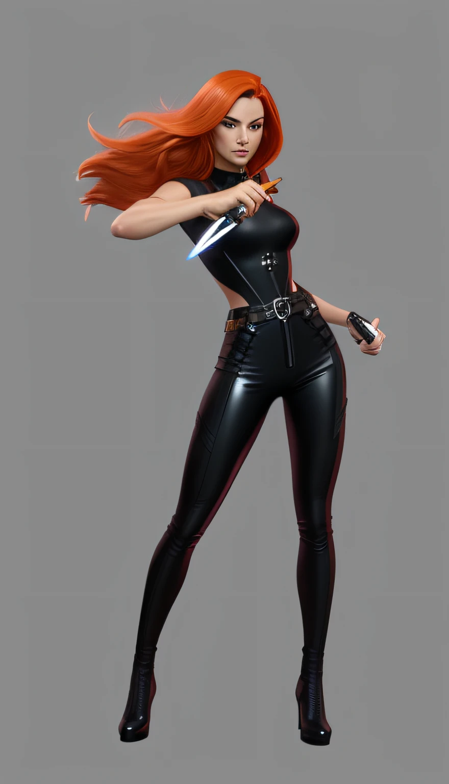 Woman in black leather pants with glowing knife in hand, Full-length portrait of Jean Grey, Posing a character, 3d rendered character art 8 K, Character posing for concept art, female lead character, 3d character realistic, full body cgsociety, redhead female cyberpunk, 3D render of Catwoman, 真实感, magic