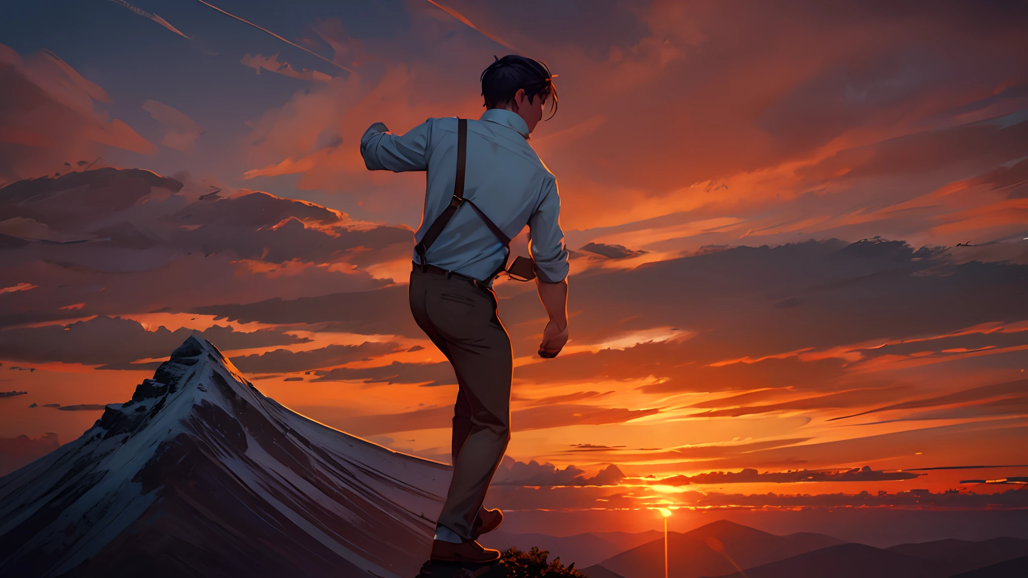 the sunset,eventide,Suspenders,Stand on top of the mountain with your feet,Boy student,Turning around