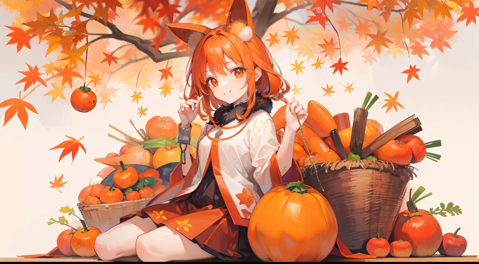Fruiting autumn、Fertility in the fall、meter、Carrot、persimmon、Satsuma、smiling girl、Orange hair