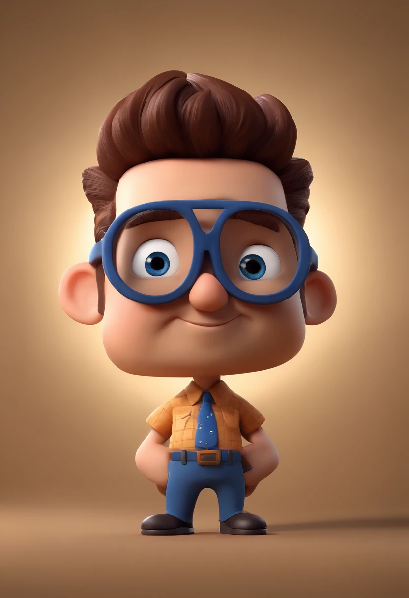 Cartoon character of a man with black glasses, cabelo cacheado marrom escuro e uma camisa azul, animation character, Caractere estilizado, animation style rendering, 3D estilizado, Arnold Maya render, 3 d render stylized, toon render keyshot, Personagem 3D, Personagem 3D, 3d rendering stylized, 3 d character render, personagem de desenho animado, Personagem de close up, Pose de personagem, (Estilo Pixar) (master part:1.2) (Bokeh) (best quality) (pele detalhada) (textura detalhada) (8k) (argila) (Cinematic lighting) (foco nítido