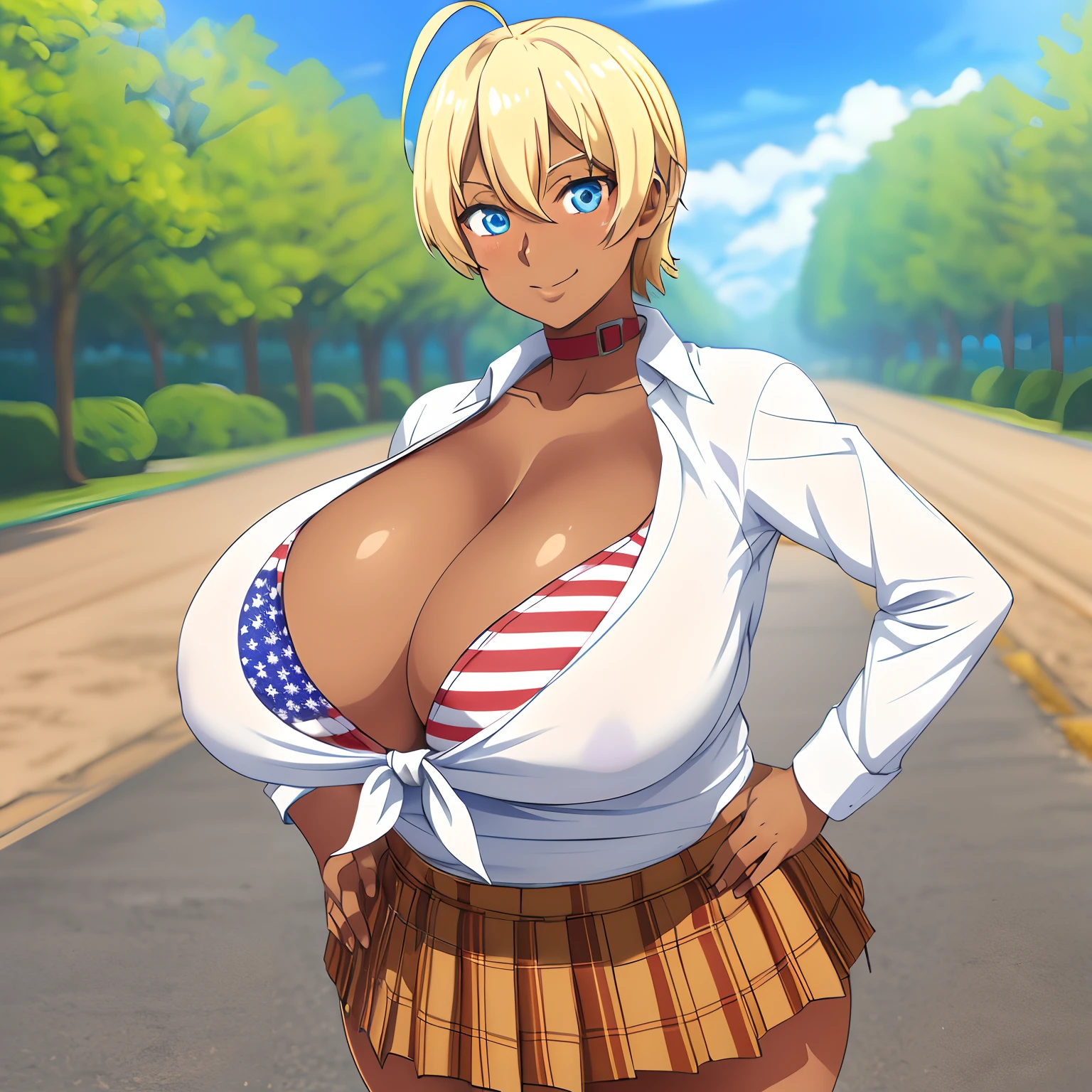 masterpiece, top-quality, hight resolution, mi1, darkskinned, blonde hair, Ahoge, verd s eyes, blue eyess, American flag bikini, plaid skirts, collars, bikini top only, Tied shirt, A smile, cowboy shot, put hands on the hip, plein air、(Anime Art Style)、gigantic droopy tits cleavage