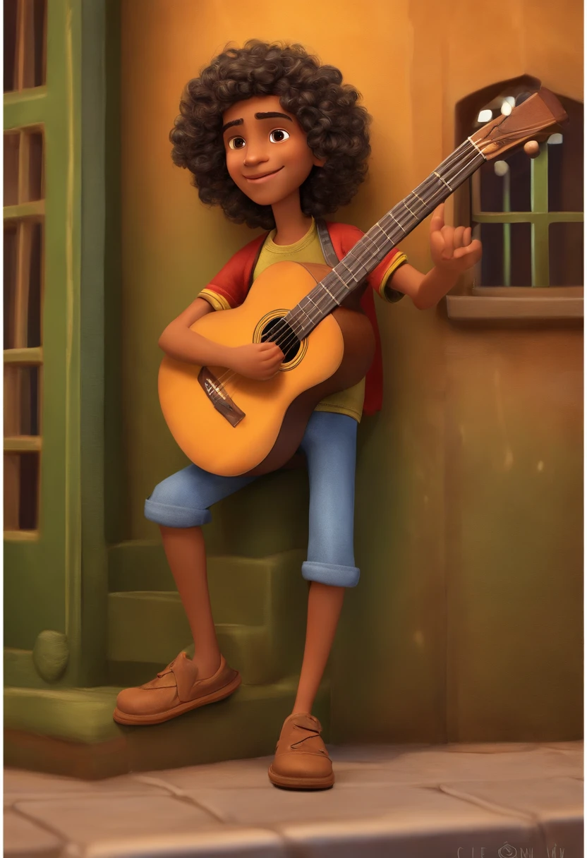 crie um banner no estilo Pixar. A boy with Indian features, moreno pardo com cabelos curtos, Castanhos escuros, Curly and slightly grayish appearance, mas jovem, usando uma camiseta, Wearing jeans and holding a classical guitar with 7 strings.
