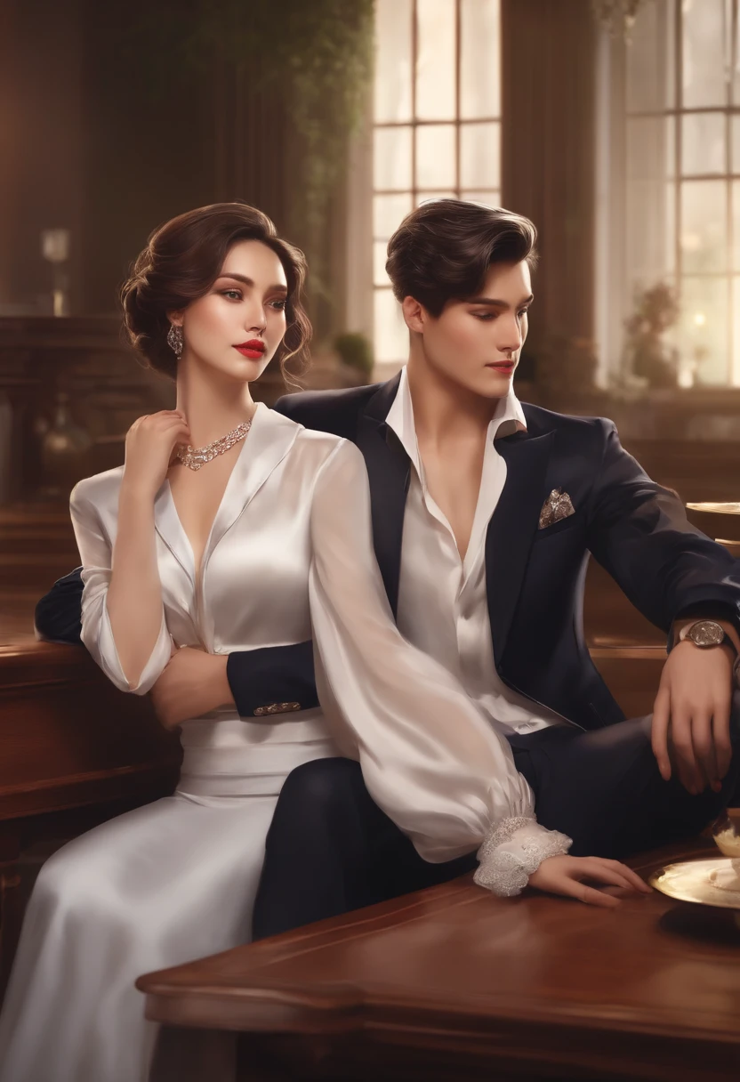 Male and female couples The girl leaned back on the table,Wear a shirt and hip-hugging skirt。The boys are next to the girls,Wearing a black suit and trousers,I have a watch in my hand。Hands on the girl's waist。