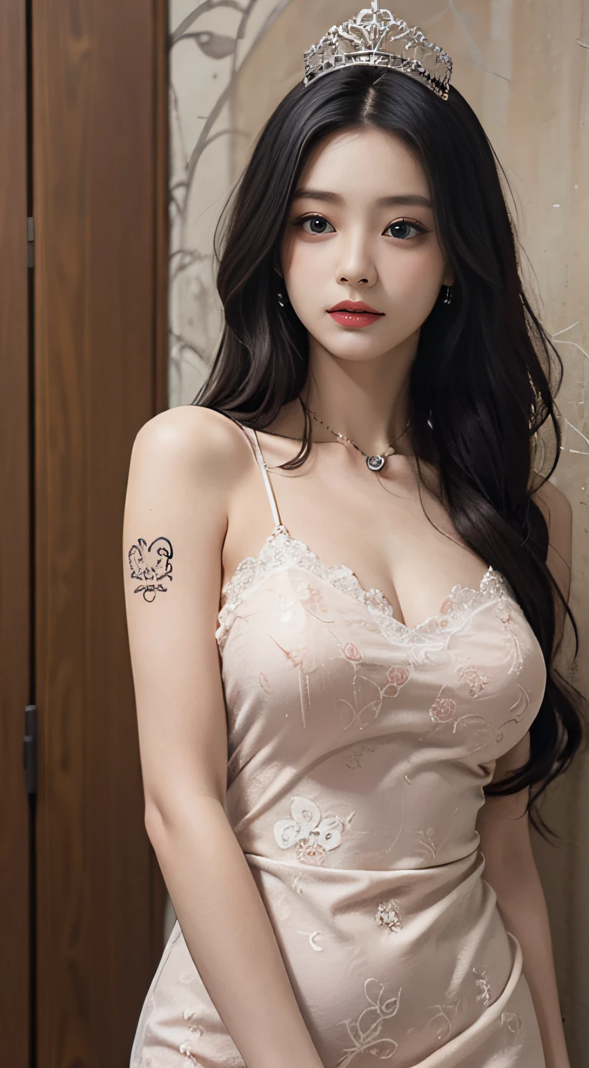 Portrait of a young saint of 20 years old, Saint with a beautiful and super cute face,Wearing a very thin and sexy Ao Dai, Beautiful cute face, There is a deep slit in the chest、Black and white lace trim attractive Ao Dai, Beautiful face without blemish, Lovely smile, ((7 colors of hair length:1.2)), Big Crown, Hair brooch, Hamf Dress, Chinese ancient style, Full Body Jewelry, Tattoo on the forehead, The female saint's chest is round、It's so full, breast augmentation surgery, Innocent face, The most beautiful and detailed pale red lipstick, ((thin plump lips:0.3)), Delicate pink and white eyes (White and detailed) Cinematic, Light and Darkness, Dramatic Lighting, magical light, Highly detailed light, True Color, Super sharp, Realistic, The 8k quality, Fantasy universe background, Saints and magical spaces, The most detailed image, Solo, saints, ((See the saint's upper body directly:0.4)), ((Smooth skin:0.5)),