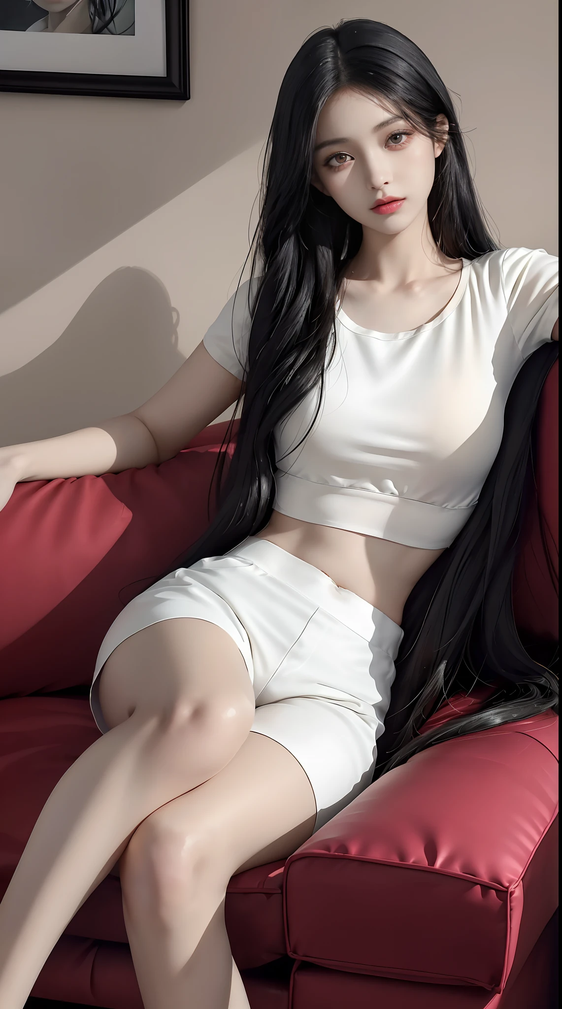 Ultra HD, masterpiece, highest resolution, highest detail, chiaroscuro, a young and beautiful woman, black hair, beautiful eyes, long eyelashes, human eye perspective, wearing a cream white top, red shorts, sitting on the sofa