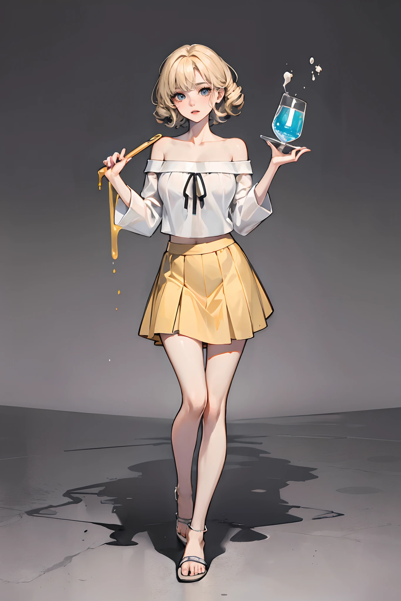 Pale yellow straight hair,Divide hair in the middle,curlies,a beauti,Off-the-shoulder bandeau skirt,Holding a basin in his hand,Splash action,Stand head-on,slippers,greybackground