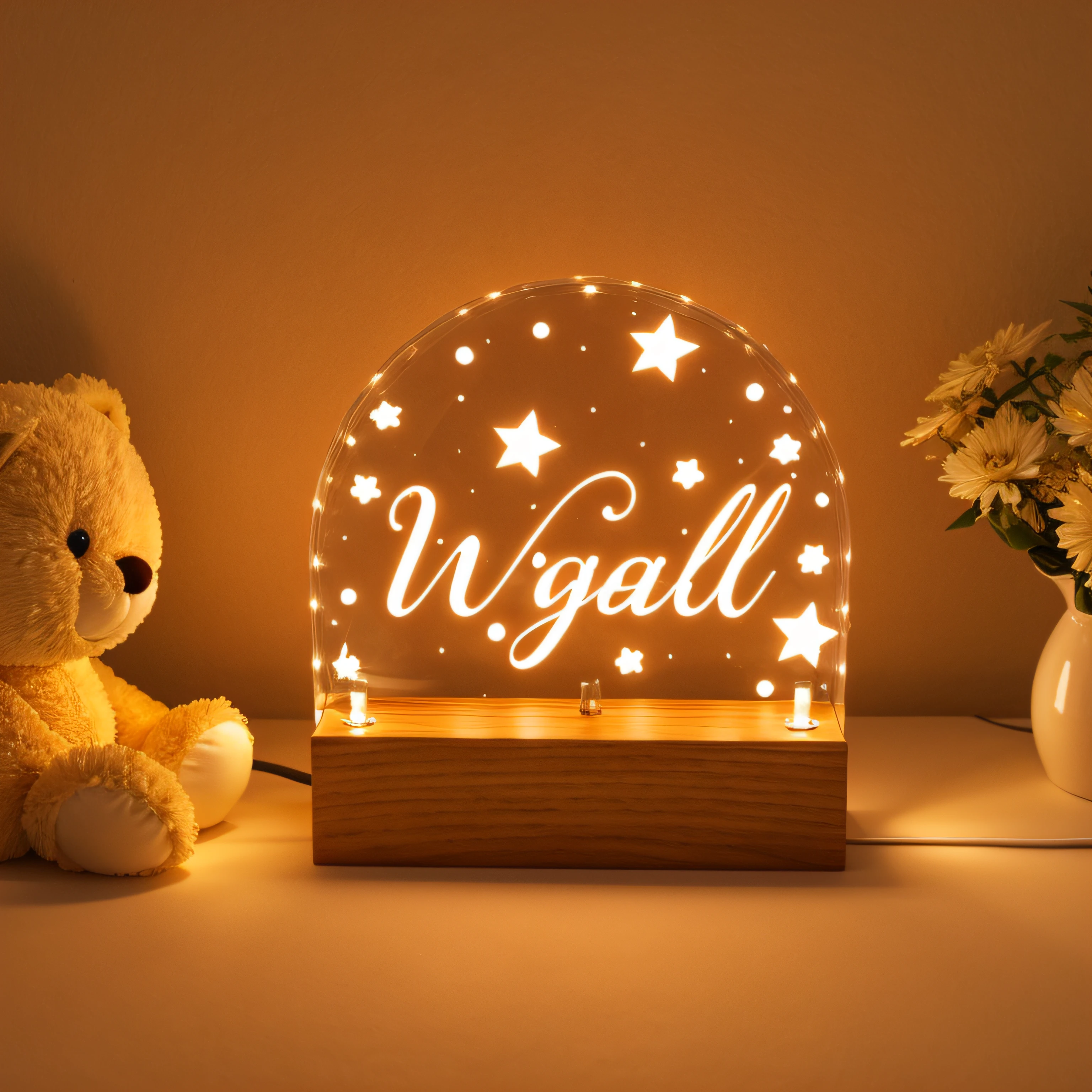 There is a wooden table,There is a lamp on it,It says W Y Y T, Engraved, Night light, with backlight, lit up, With stars, Beautiful kawaii lighting, There are names, acrylic pour, starlights, well-illuminated, rendering, yutja, 5 d, 5D, nightlight, full - length view, Decoration, Cute, Vignette, beautifully lit