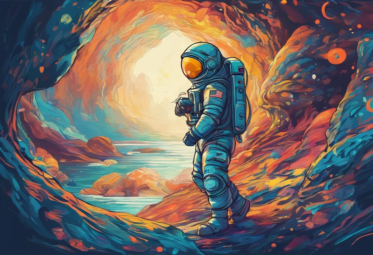 An astronaut explores an underwater cave, their flashlight illuminating the mysterious and marvelous creatures within, envisioned as a digital illustration in the style of Matt Dixon. The scene captures the astronaut delving into the enigmatic depths, their beam casting light on otherworldly, bioluminescent beings inhabiting the cave. The spacesuit contrasts against the dark cave, emitting a faint glow, while vibrant and surreal colors create an atmosphere of wonder. The astronaut's expression, partly visible through the helmet, conveys a mix of fascination and intrigue. The lighting is focused on the flashlight's beam, highlighting the extraordinary aquatic life forms while maintaining the cave's mysterious ambiance. --v 5 --stylize 1000
