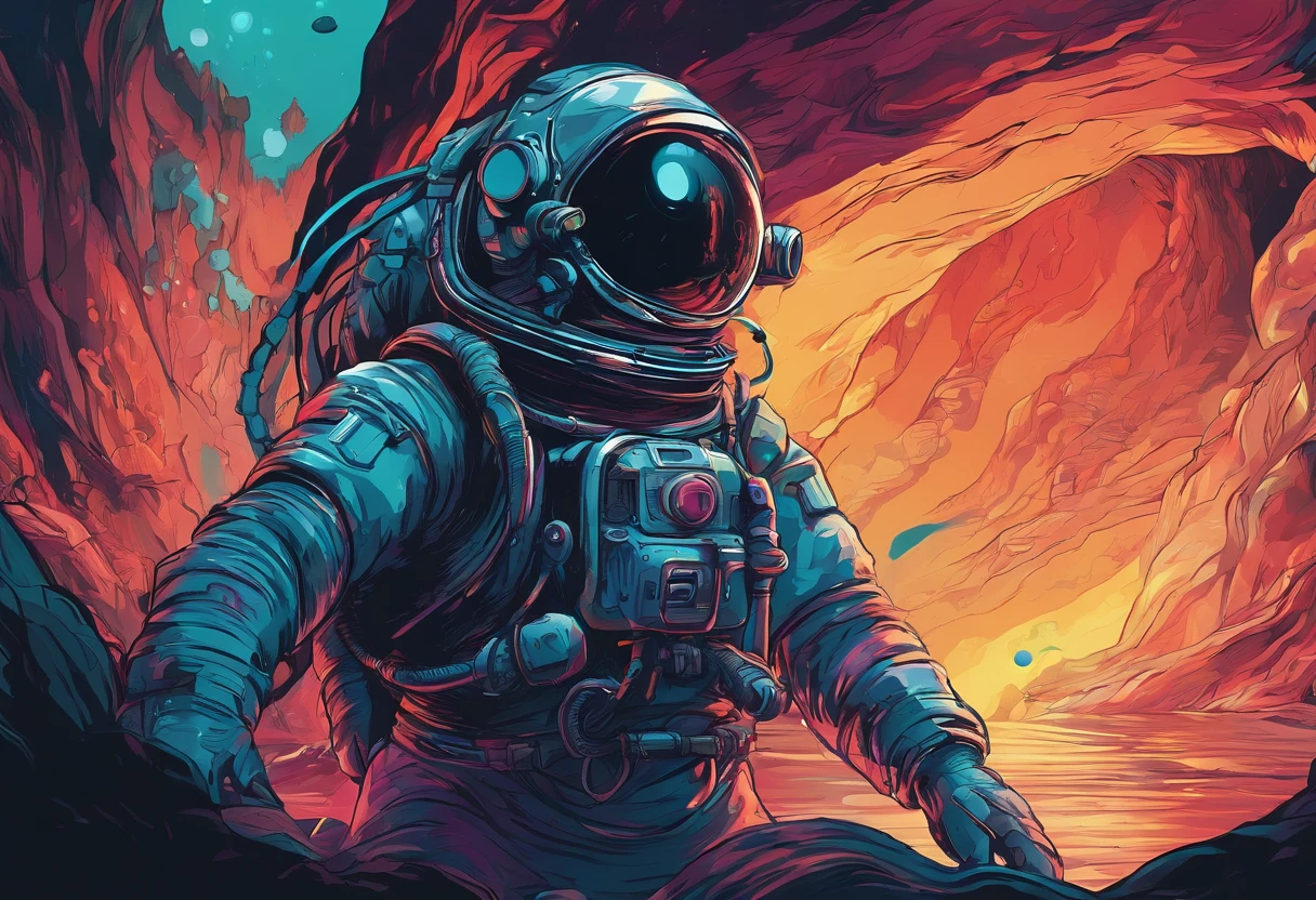 An astronaut explores an underwater cave, their flashlight illuminating the mysterious and marvelous creatures within, envisioned as a digital illustration in the style of Matt Dixon. The scene captures the astronaut delving into the enigmatic depths, their beam casting light on otherworldly, bioluminescent beings inhabiting the cave. The spacesuit contrasts against the dark cave, emitting a faint glow, while vibrant and surreal colors create an atmosphere of wonder. The astronaut's expression, partly visible through the helmet, conveys a mix of fascination and intrigue. The lighting is focused on the flashlight's beam, highlighting the extraordinary aquatic life forms while maintaining the cave's mysterious ambiance. --v 5 --stylize 1000