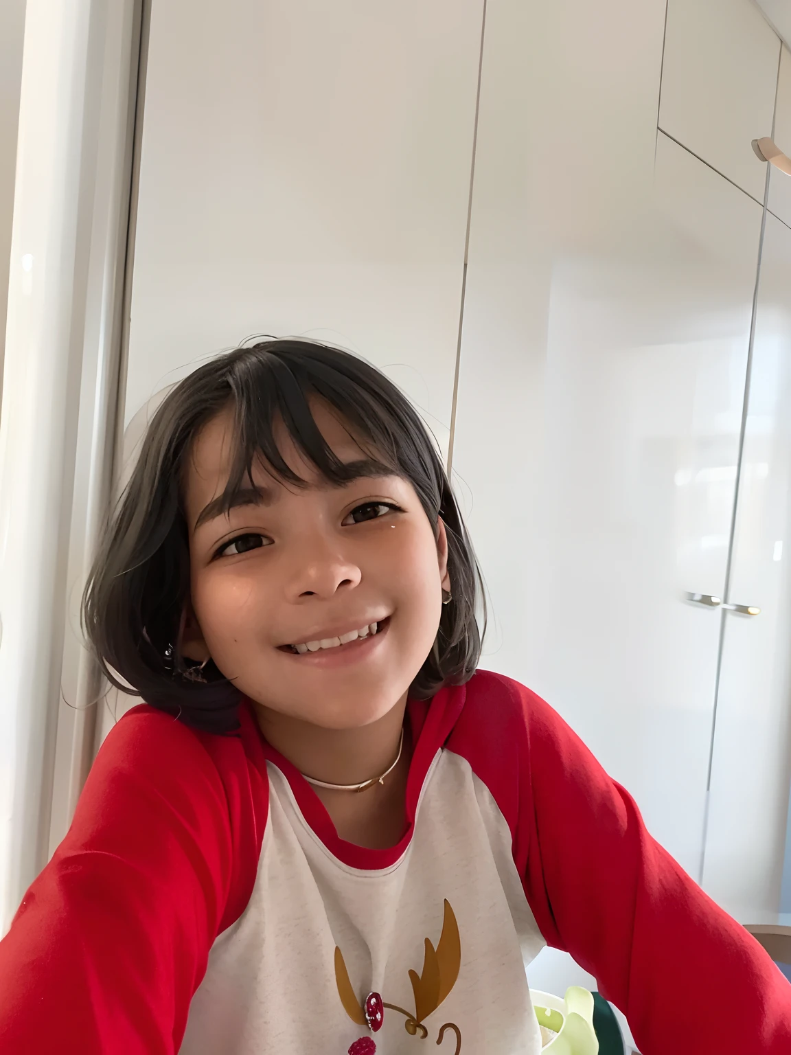 there is a young girl sitting at a table with a plate of food, riyahd cassiem, happily smiling at the camera, she is smiling and happy, she is smiling and excited, she is smiling, beautiful and smiling, very very low quality picture, black haired girl wearing hoodie, smiling into the camera, smiling and looking directly, smiling girl