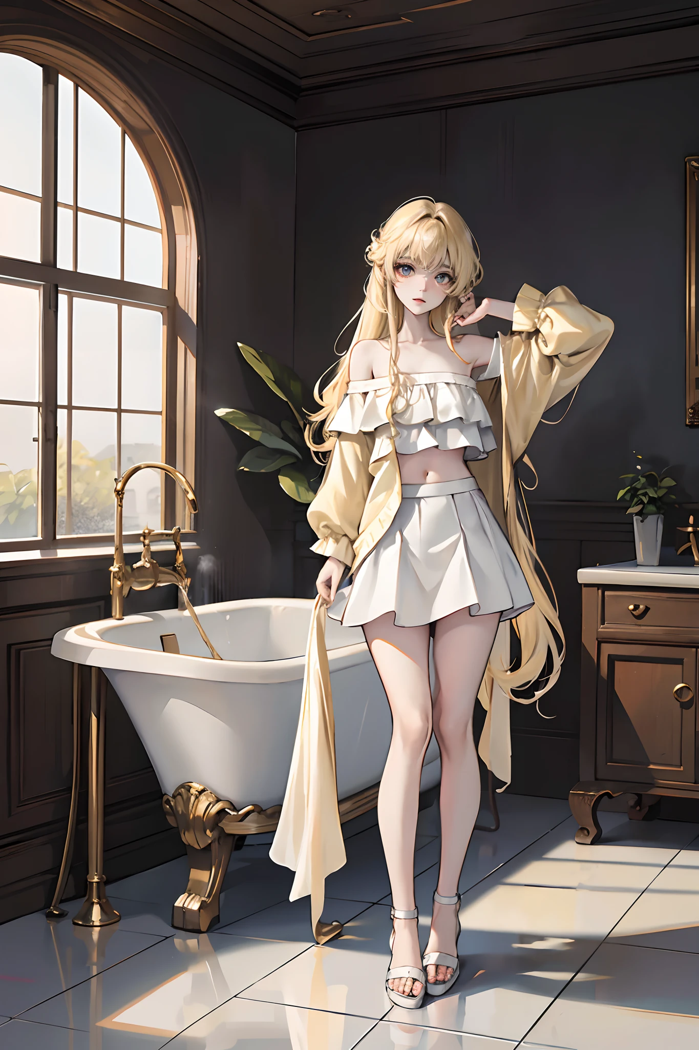 Pale yellow straight hair,Divide hair in the middle,curlies,a beauti,Off-the-shoulder bandeau skirt,Holding the basin in both hands,Splash action,Stand head-on,slippers,greybackground