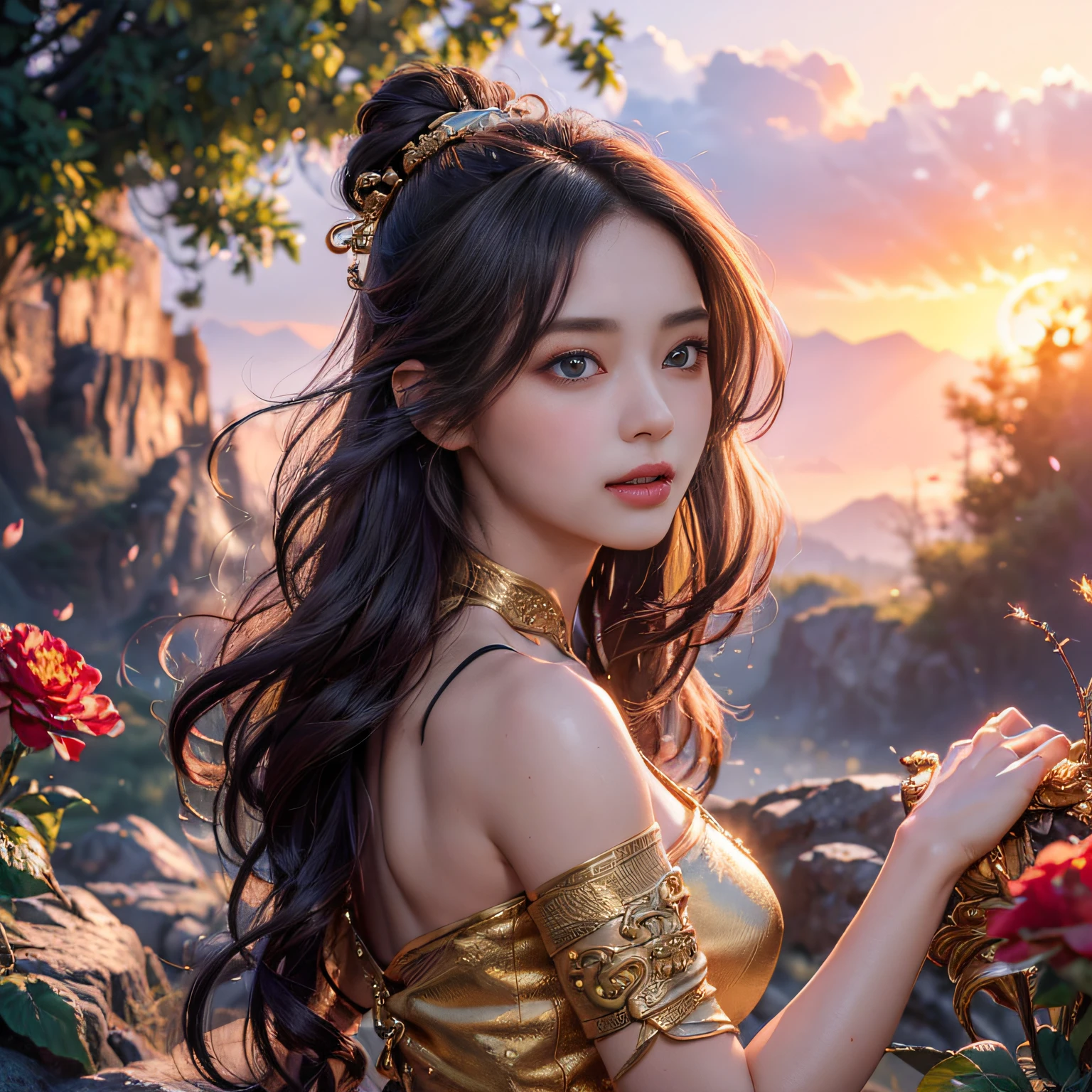 1 girl, serene expression, mesmerizing eyes, straight long hair, flowing dress, poised posture, porcelain skin, subtle blush, crystal pendant
BREAK
golden hour, (rim lighting):1.2, warm tones, sun flare, soft shadows, vibrant colors, painterly effect, dreamy atmosphere
BREAK
scenic lake, distant mountains, willow tree, calm water, reflection, sunlit clouds, peaceful ambiance, idyllic sunset, ultra detailed, official art, unity 8k wallpaper
, zentangle, mandala