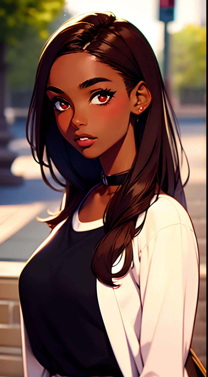(masterpiece), (best quality), 1girl, red eyes, brown hair, dark skin