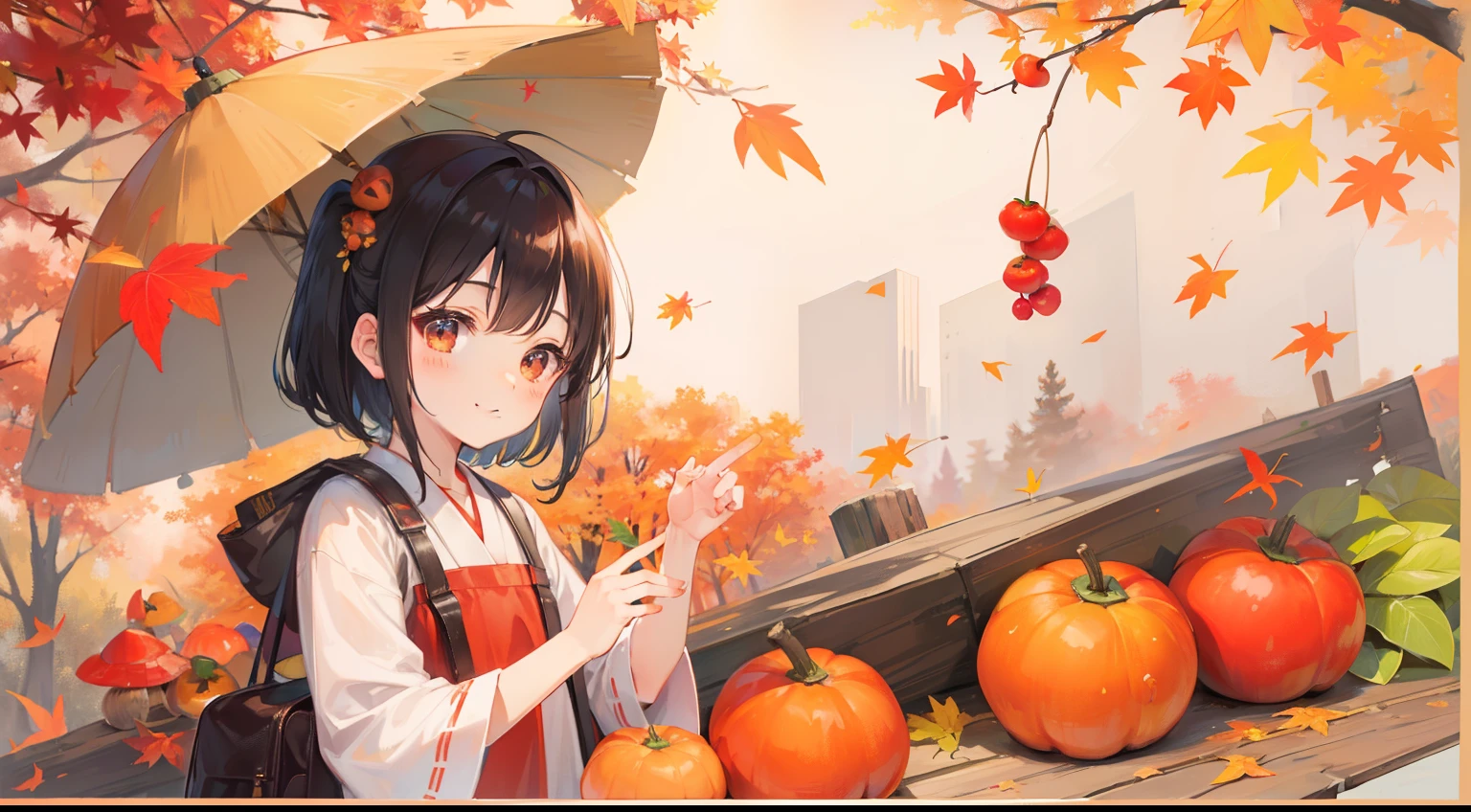 Fruiting autumn、Fertility in the fall、meter、mushroom、persimmon、Satsuma、smiling girl