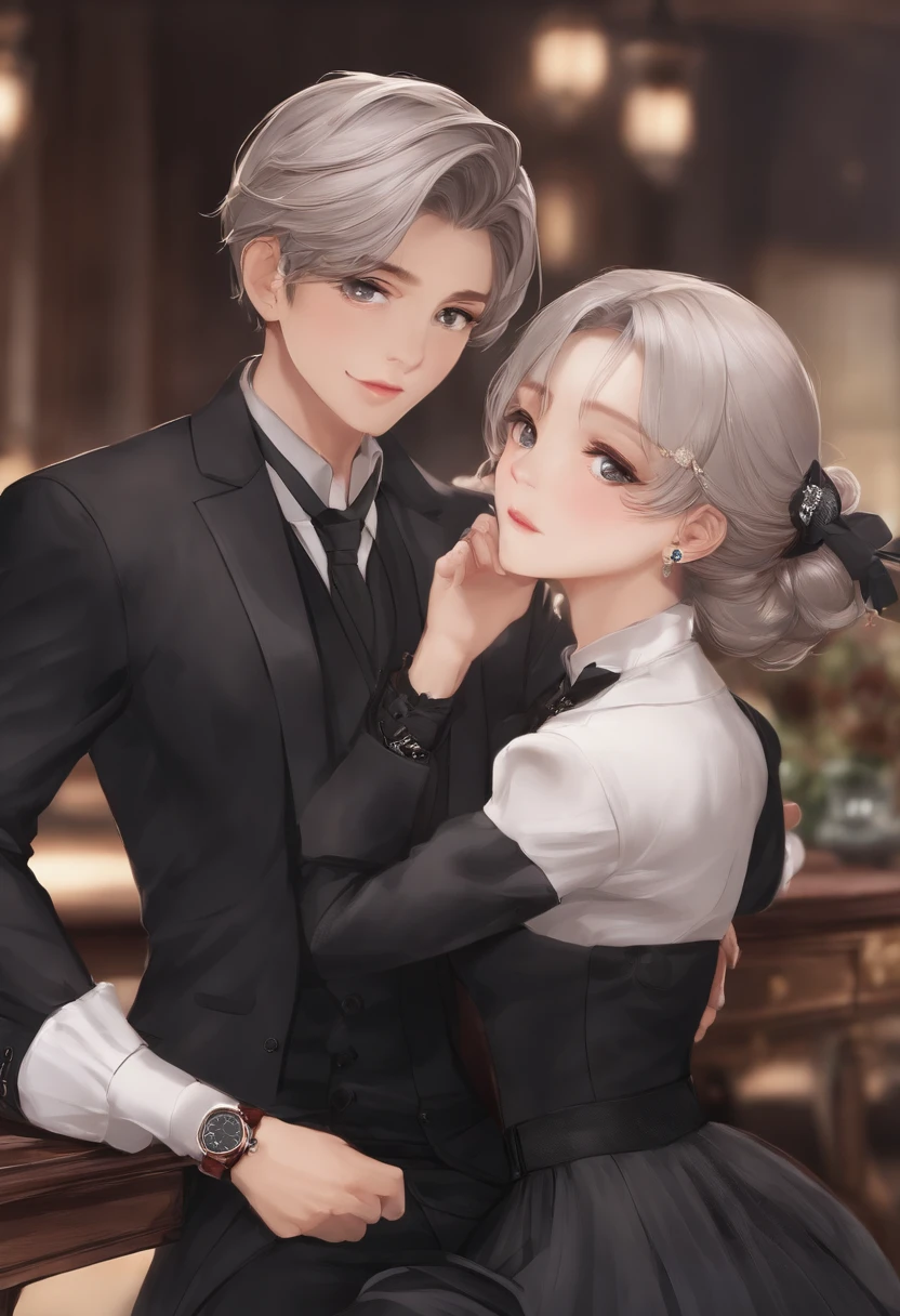 Male and female couples The girl leaned back on the table,Wear a shirt and hip-hugging skirt。The boys are next to the girls,Wearing a black suit and trousers,I have a watch in my hand。Hands on the girl's waist,The girl leaned into the boy's arms。