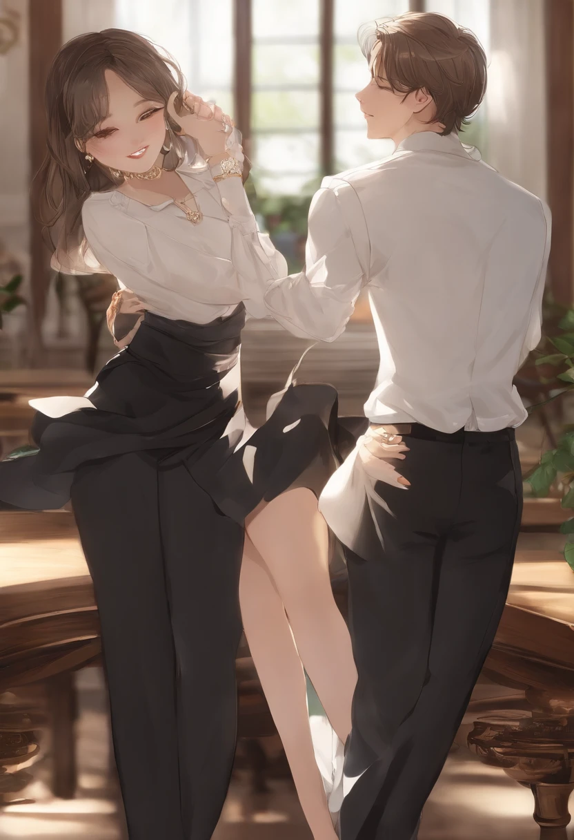 Male and female couples　The girl leaned back on the table，Wear a shirt and hip-hugging skirt。The boys are next to the girls，Wearing a black suit and trousers，I have a watch in my hand。Hands on the girl's waist，The girl leaned into the boy's arms。