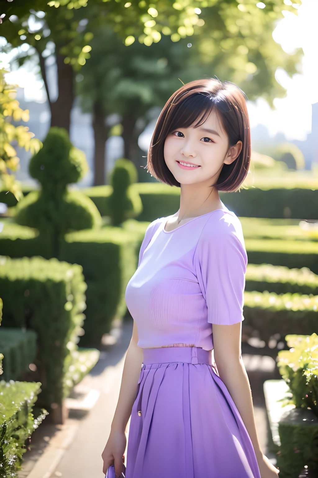 20-year-old girl, short detailed hair, There are pear swirls on the face, Pouting and smiling, Purple skirt, trpical garden, There are houses in the background.
