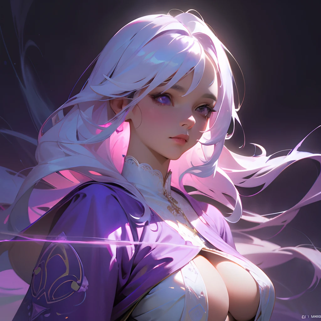 (best quality,4k,highres,masterpiece:1.2),ultra-detailed(realistic:1.37),Female,White Hair:1.1,Purple Eyes:1.1,Purple Robe,Big Boobs,Curve Body,,Mid Evil Times,portrait,soft lighting,colorful,vibrant colors,flowing hair silhouette,beautiful facial features,graceful pose,dark background,mystical atmosphere,feminine charm,fair skin,wisps of hair,floaty sleeves,delicate lace details,enchanted forest,fantasy elements