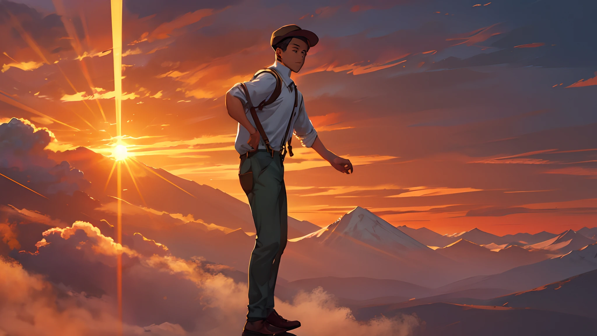 the sunset,eventide,Suspenders,Stand on top of the mountain with your feet,,Turning around