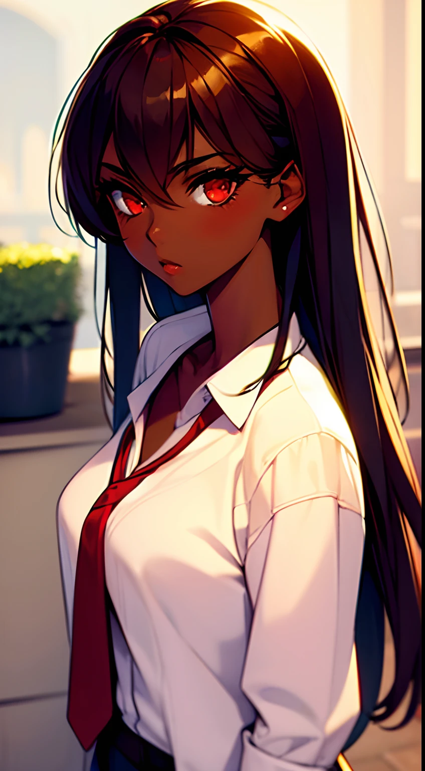 (masterpiece), (best quality), 1girl, red eyes, brown hair, dark skin