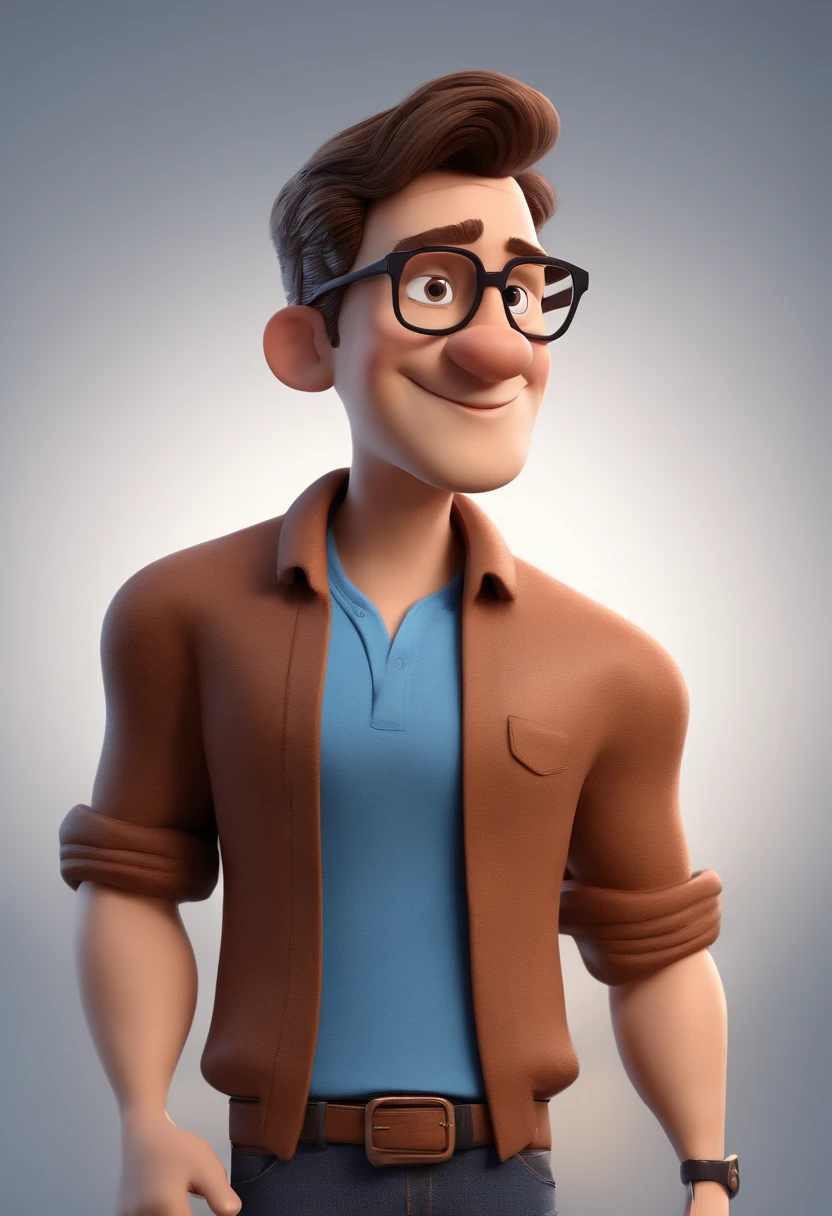 Cartoon character of a man with black glasses and a blue shirt, animation character, Caractere estilizado, animation style rendering, 3D estilizado, Arnold Maya render, 3 d render stylized, toon render keyshot, Personagem 3D, Personagem 3D, 3d rendering stylized, 3 d character render, personagem de desenho animado, Personagem de close up, Pose de personagem,  (Estilo Pixar) (master part:1.2) (Bokeh) (best quality) (pele detalhada) (textura detalhada) (8k) (argila) (Cinematic lighting) (foco nítido